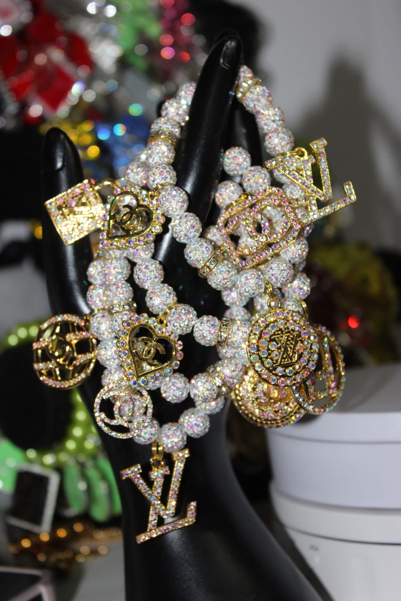 4 Piece Iridescent & White w/Gold Charm Bracelet Set