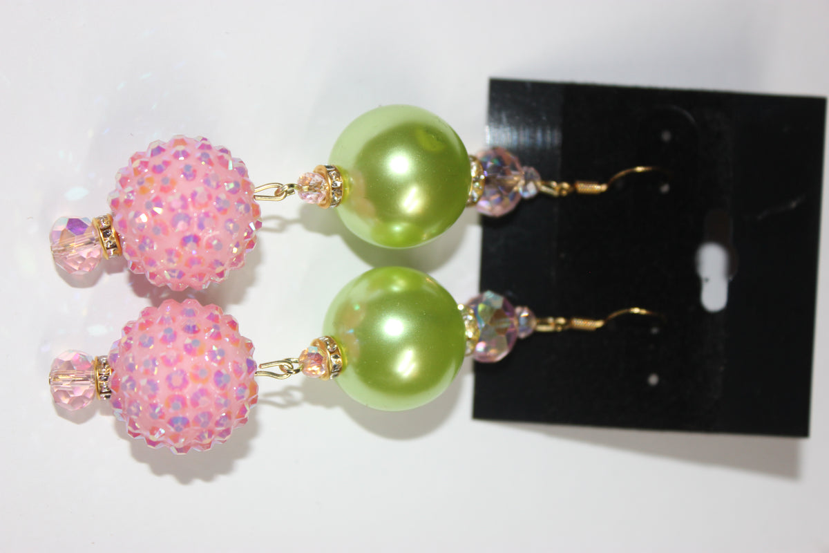 Pink & Green w/ Gold Pearl Rhinestone Earrings