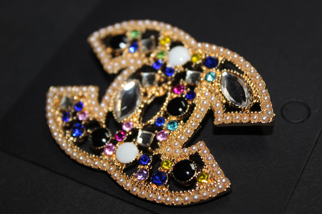 Gold Colorful Rhinestone with Pearl Brooch Pin