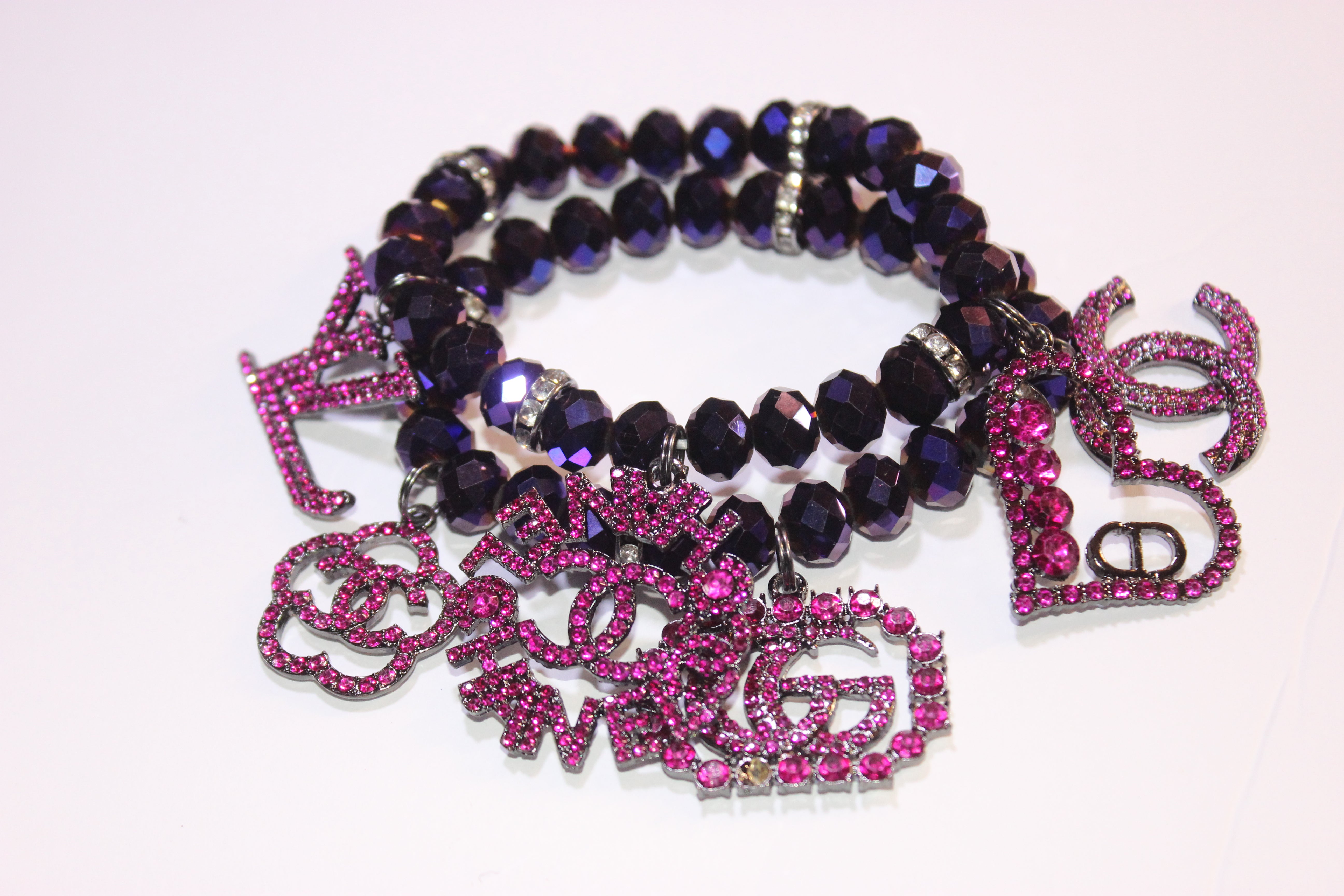 2 Piece Electric Plum/Purple Brilliant Crystal Charm Bracelet Set