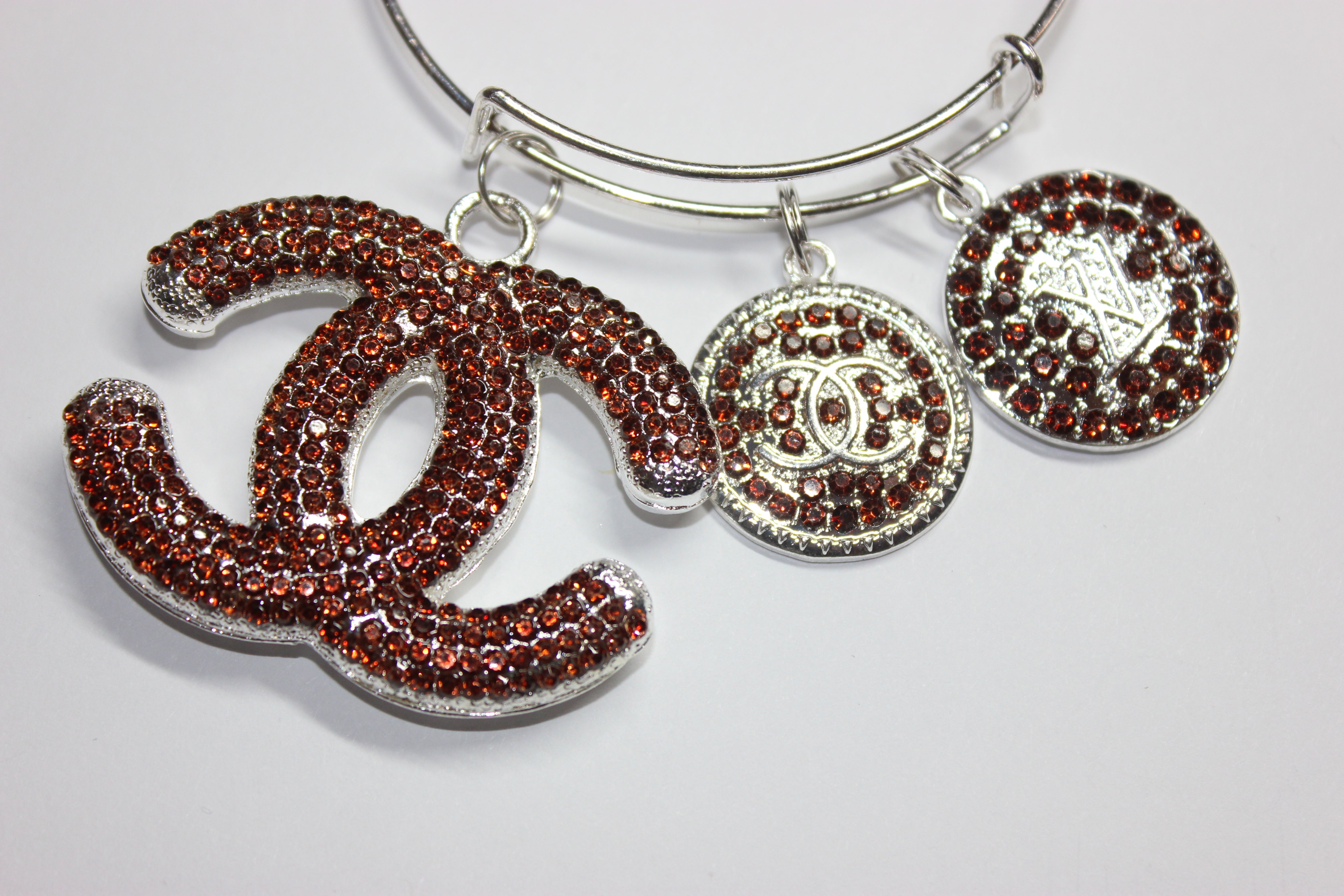 Brown & Silver Rhinestone Charm Bangle