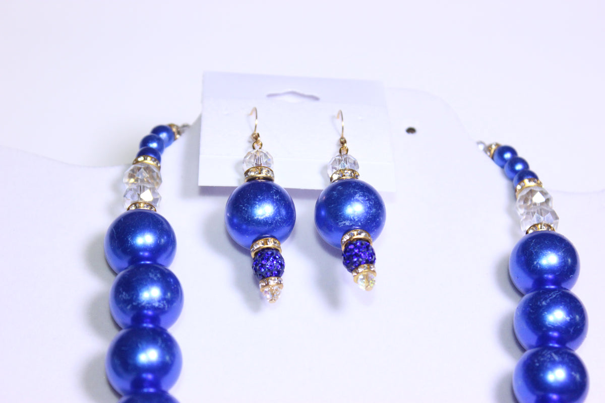 Blue Stonewashed Pearl & Rhinestone Charm Necklace Set with Earrings (GOLD)