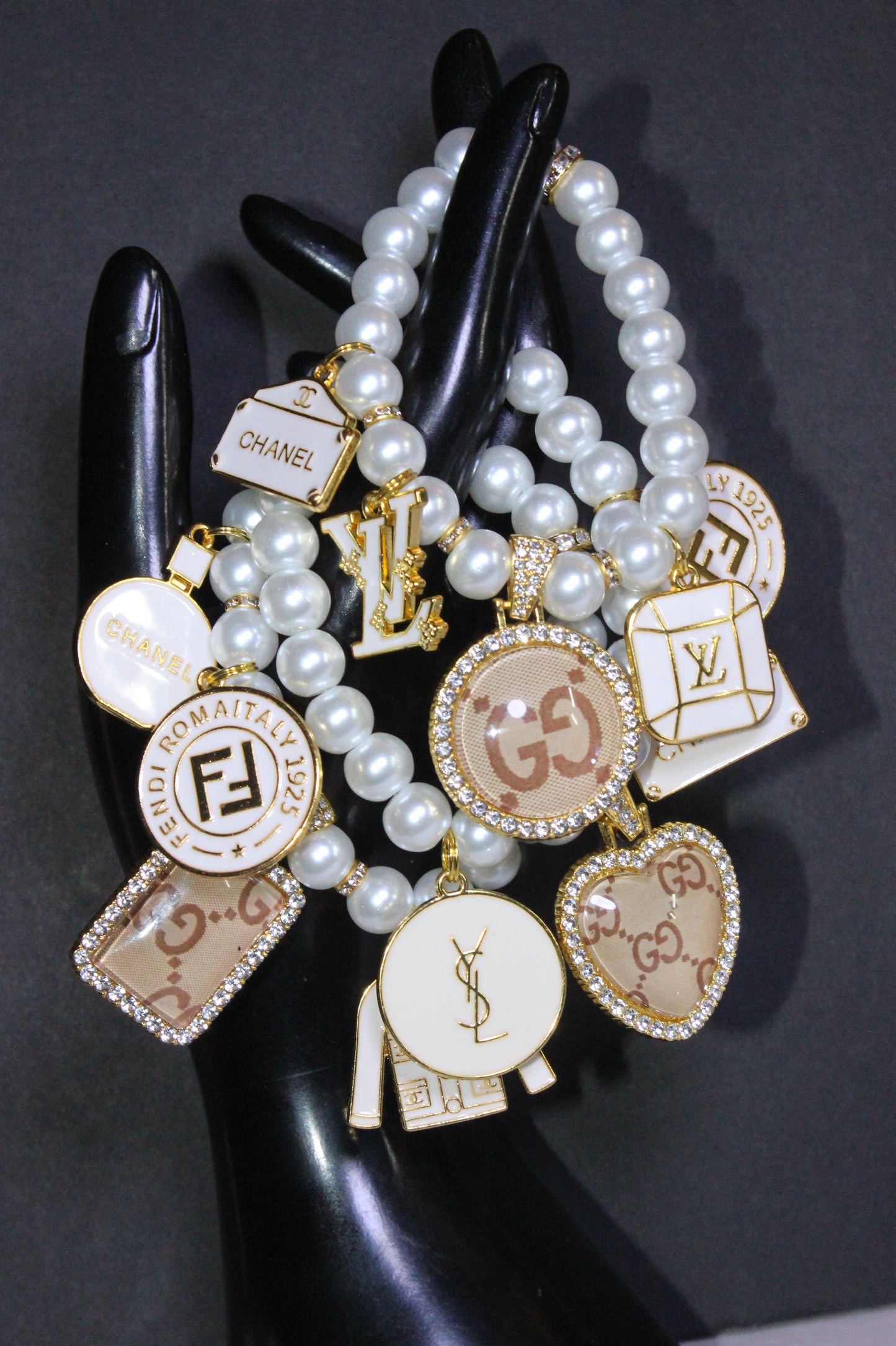 3 Piece White & Gold Pearl Luxury Charm Bracelet Set