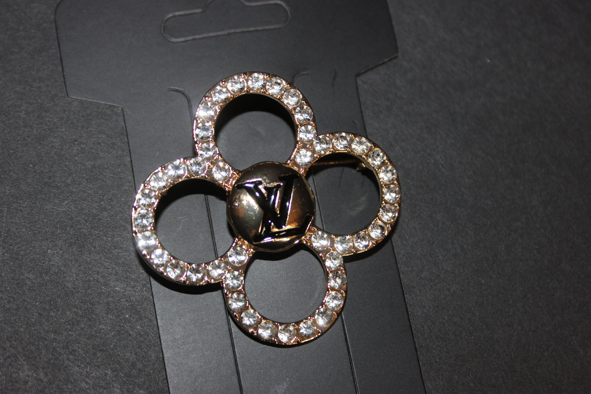 Rhinestone Black & Gold Brooch Pin