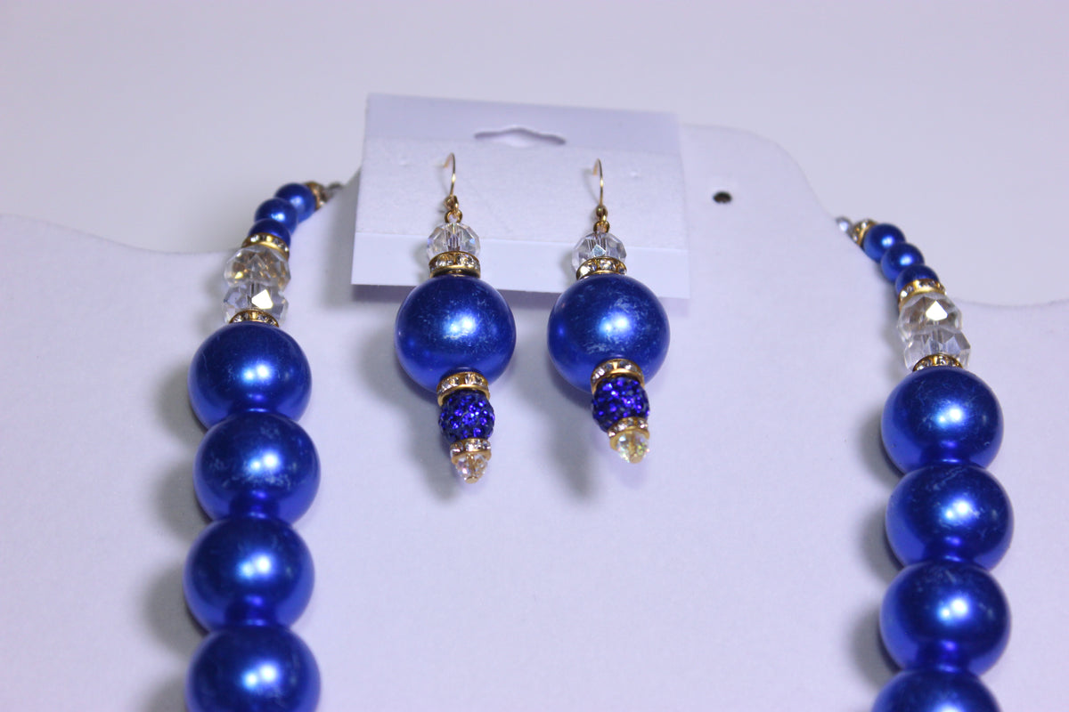 Blue Stonewashed Pearl & Rhinestone Charm Necklace Set with Earrings (GOLD)