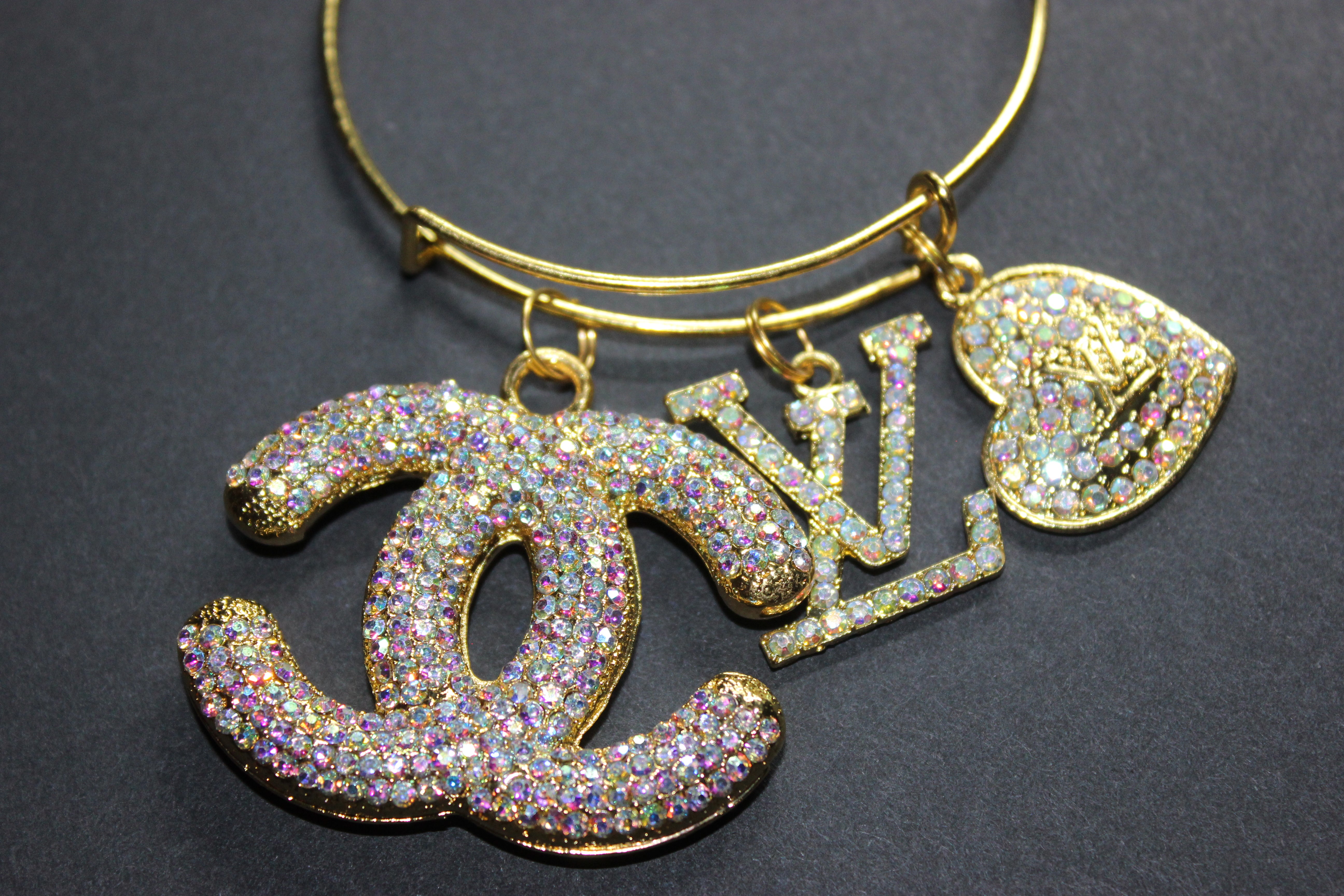 Iridescent & Gold Rhinestone Charm Bangle Bracelet