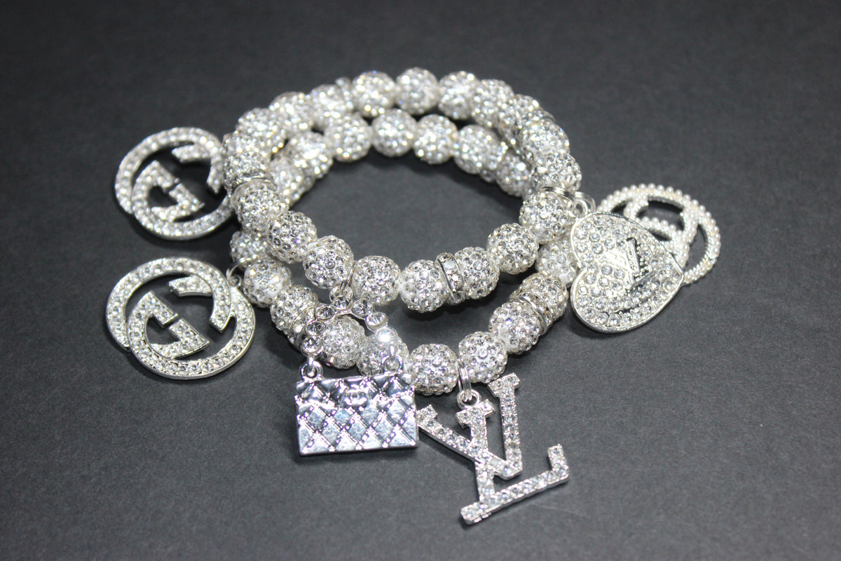 2 Piece White & Silver Rhinestone Charm Bracelet Set