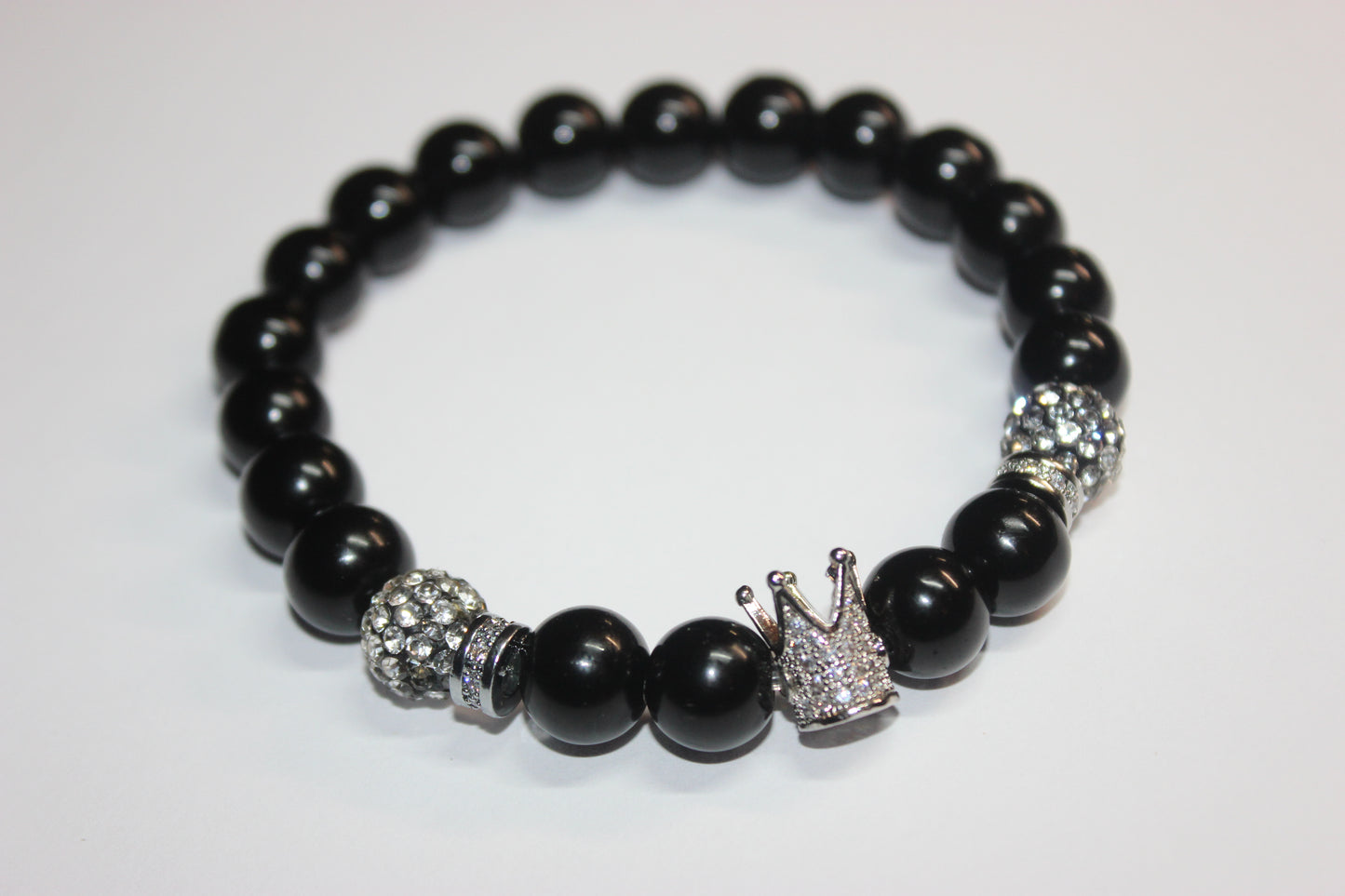 Black & Silver 10mm Beaded Bracelet with Upright Crown Charm