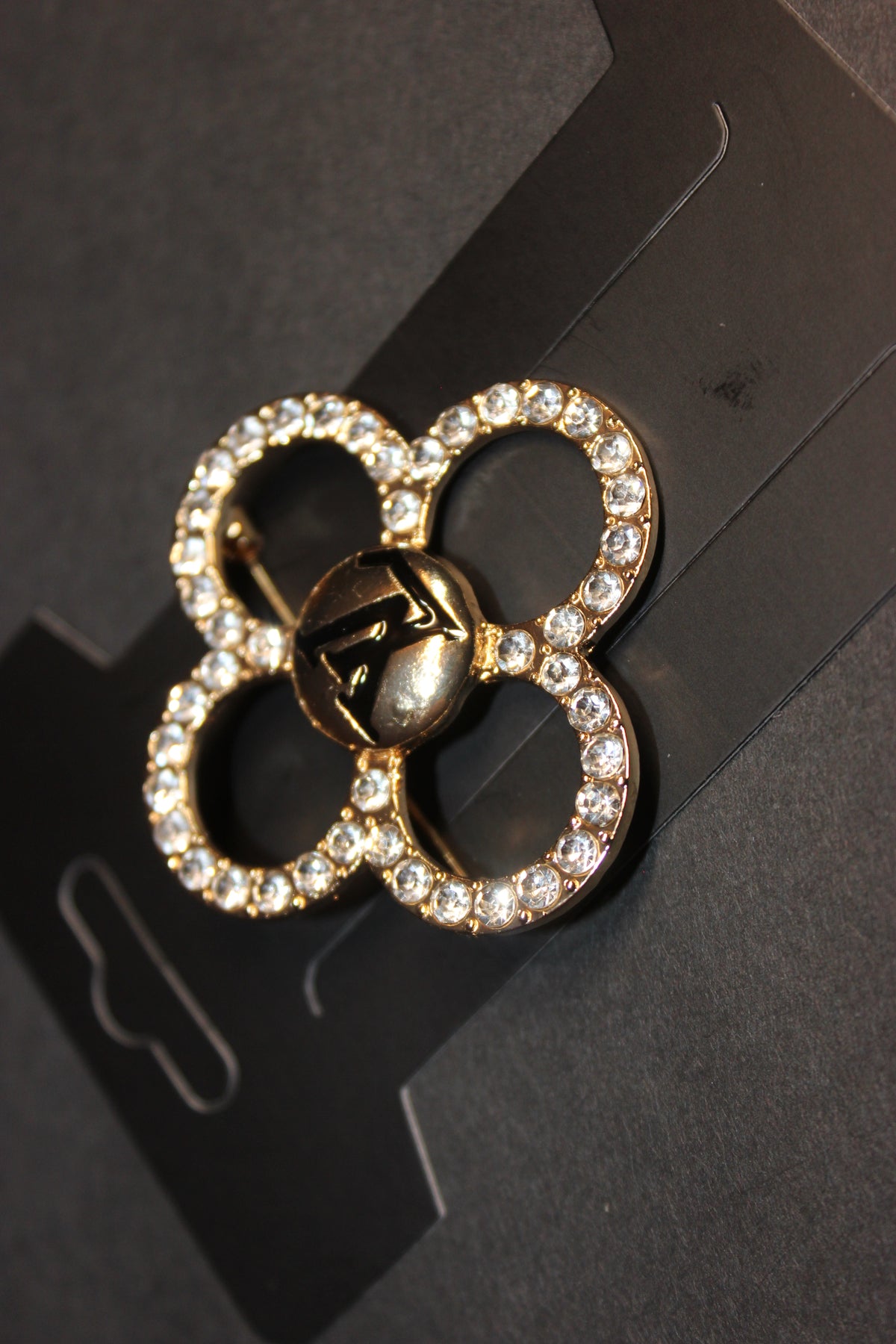Rhinestone Black & Gold Brooch Pin