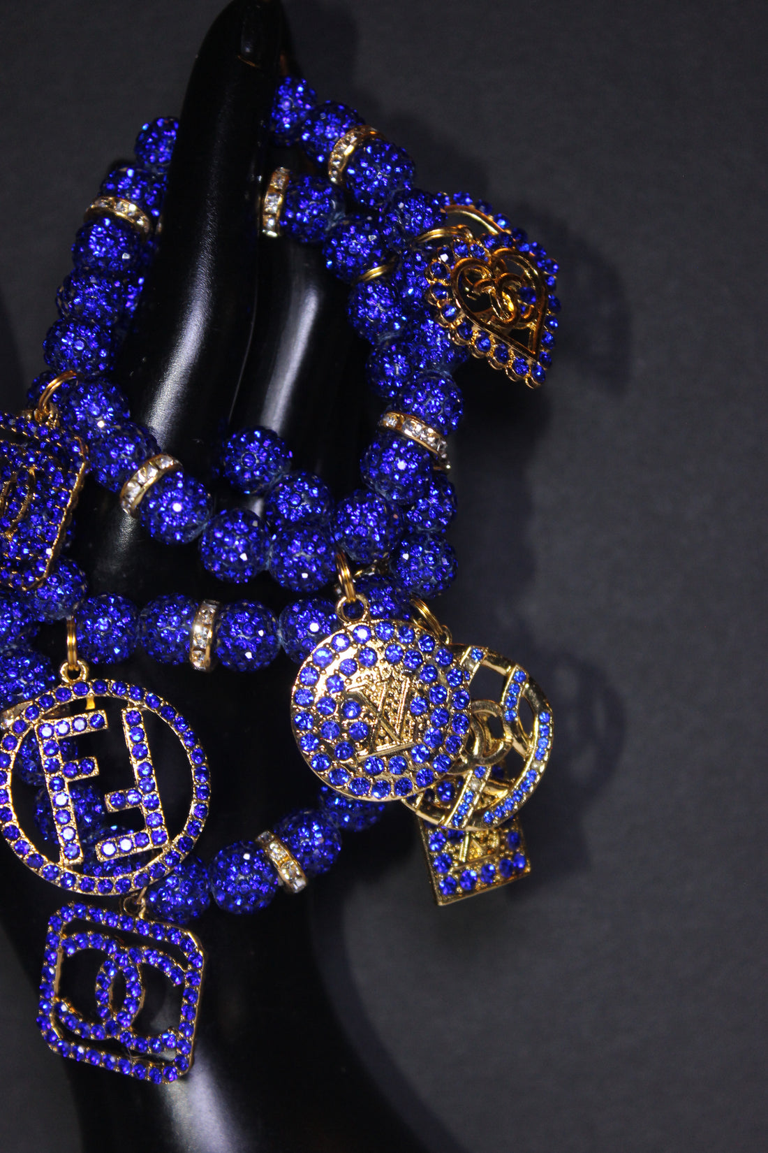 3 Piece Royal Blue & Gold Rhinestone Charm Bracelet Set