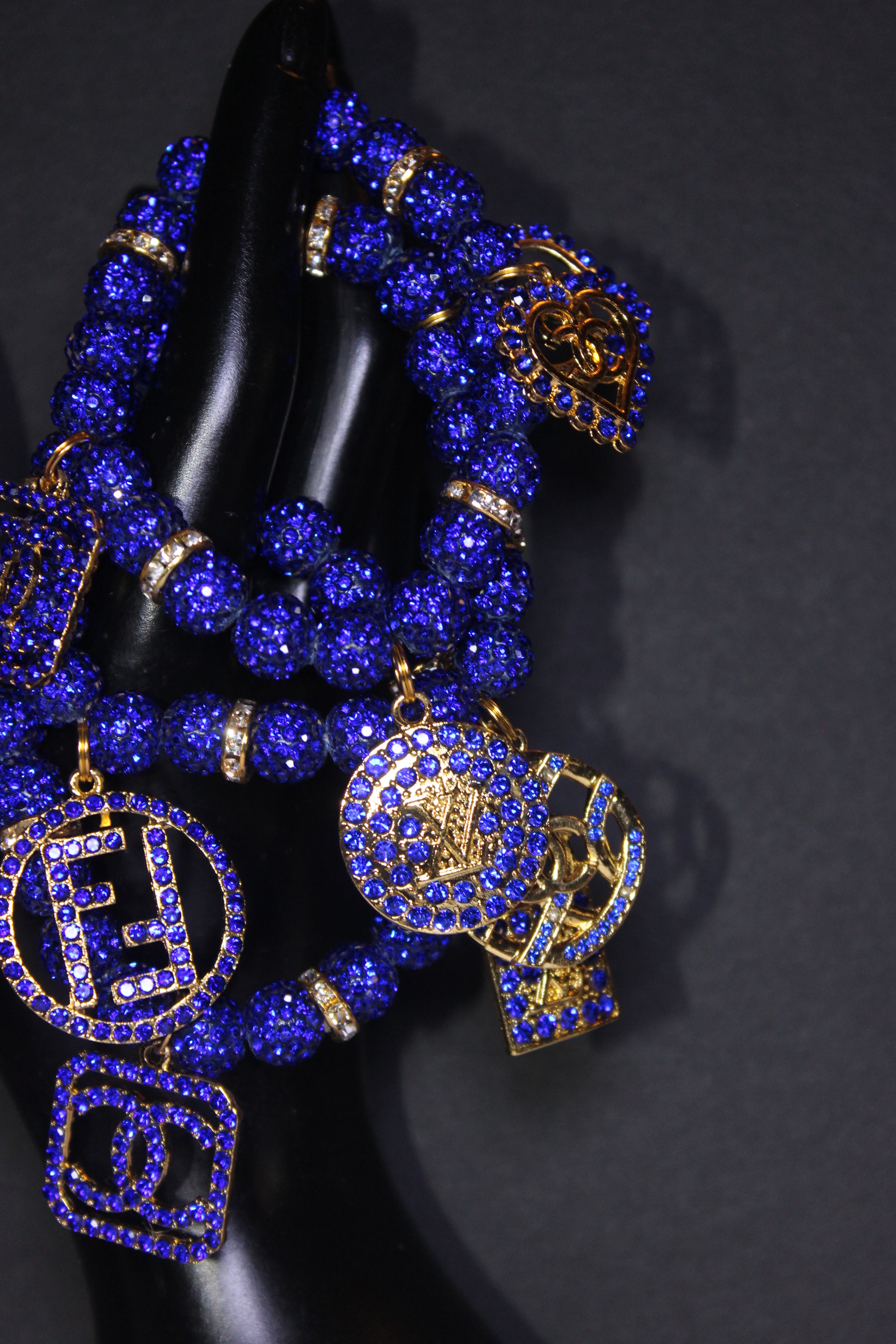 3 Piece Royal Blue & Gold Rhinestone Charm Bracelet Set