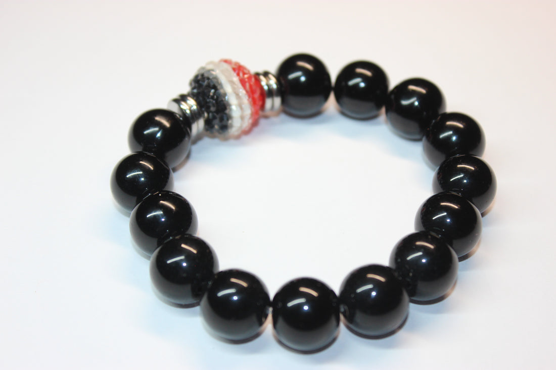 Red Black & White with Silver Mens Beaded Bracelet