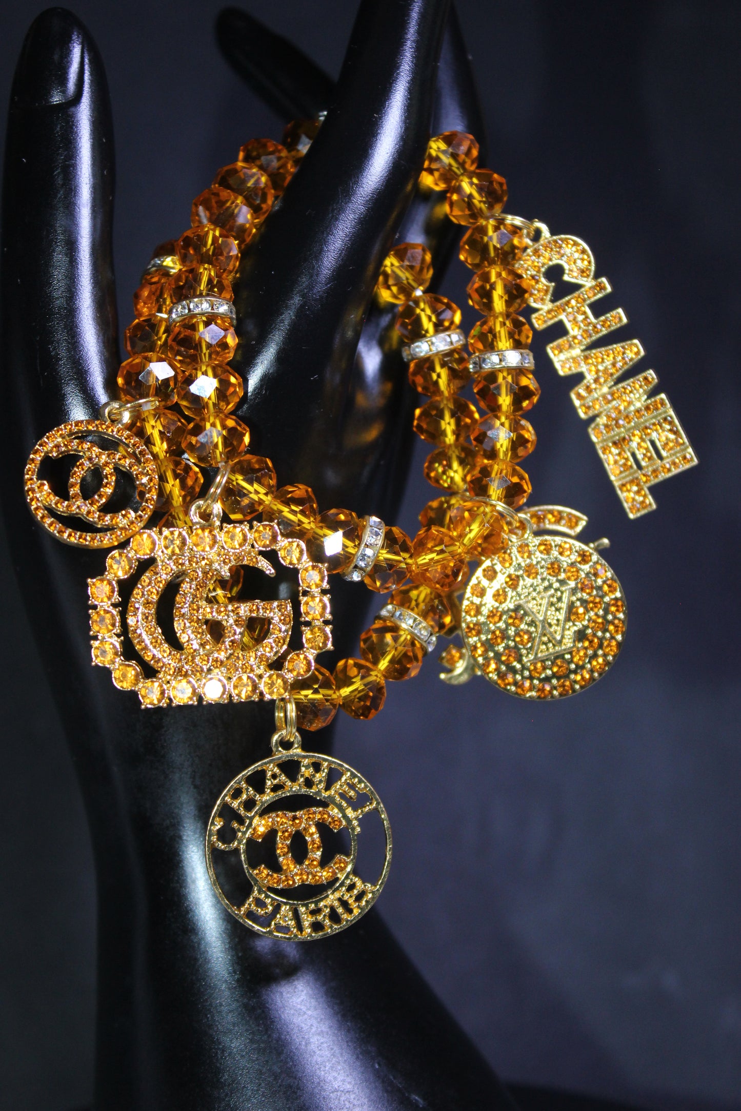 2 Piece Topaz/Gold Crystal Charm Bracelet Set