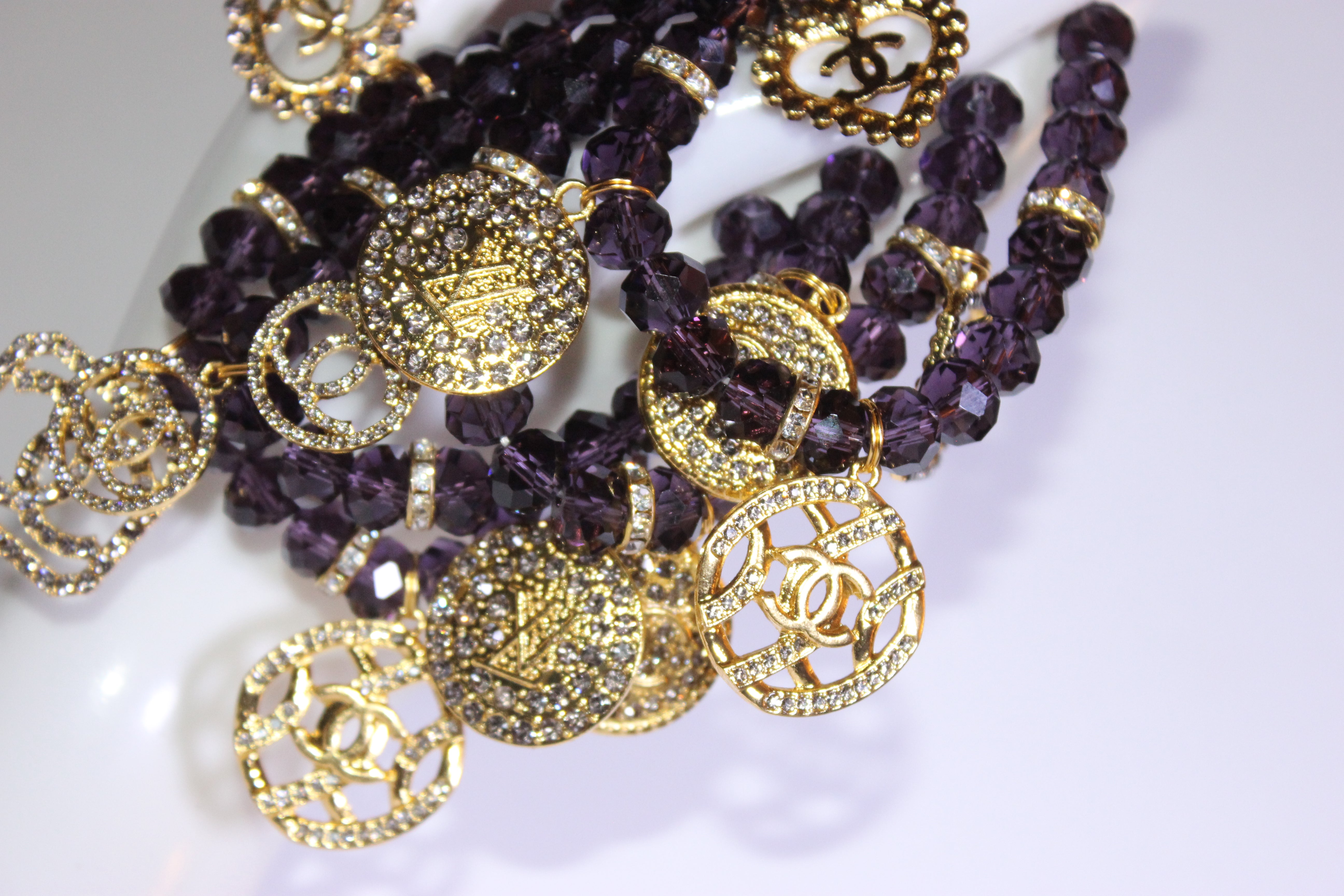 4 Piece Purple & Gold Crystal Charm Bracelet