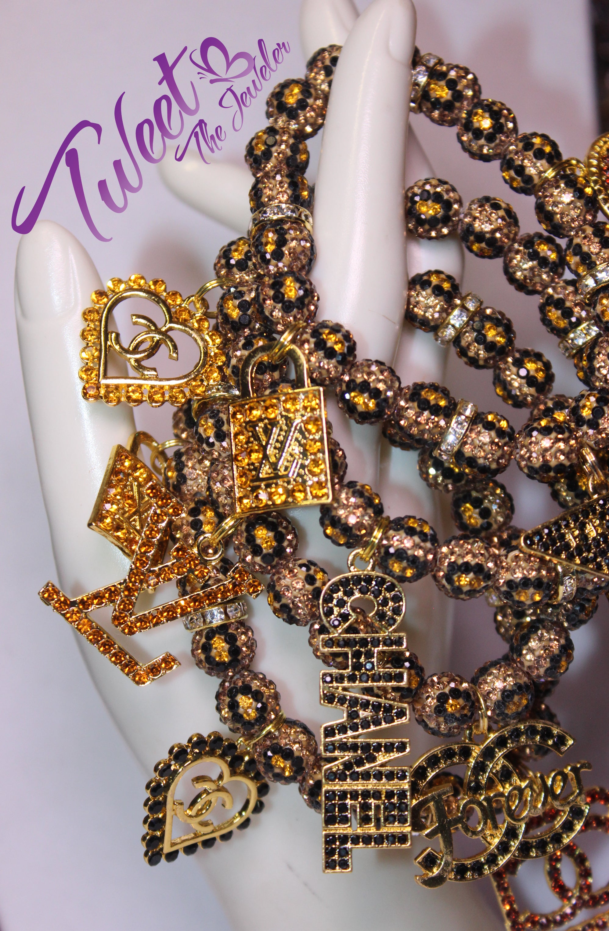 Animal Print 4 Piece Rhinestone Charm Bracelet Set Black/Brown/Gold/Topaz