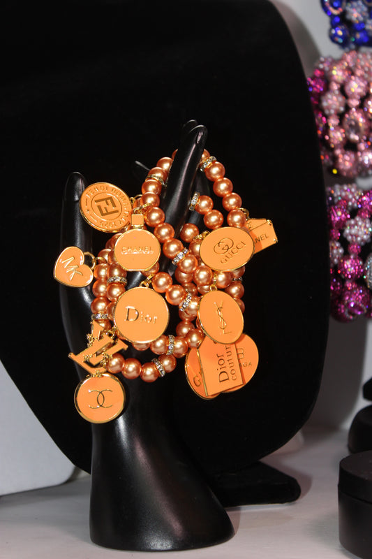 Peach & Gold 4 Piece Pearl Charm Bracelet Set