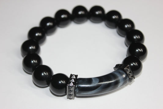 💪🏽MENSWEAR💪🏽 Black Beaded Bracelet with Marble Grey
