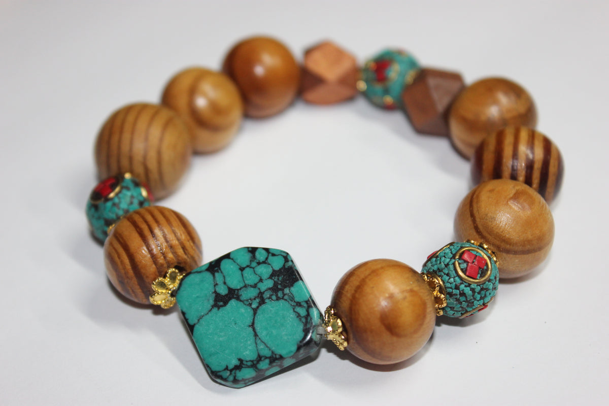Shades Of Turquoise Wood Beaded Bracelet