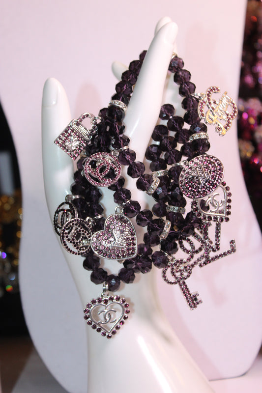 4 Piece Purple & Silver Crystal Charm Bracelet Set