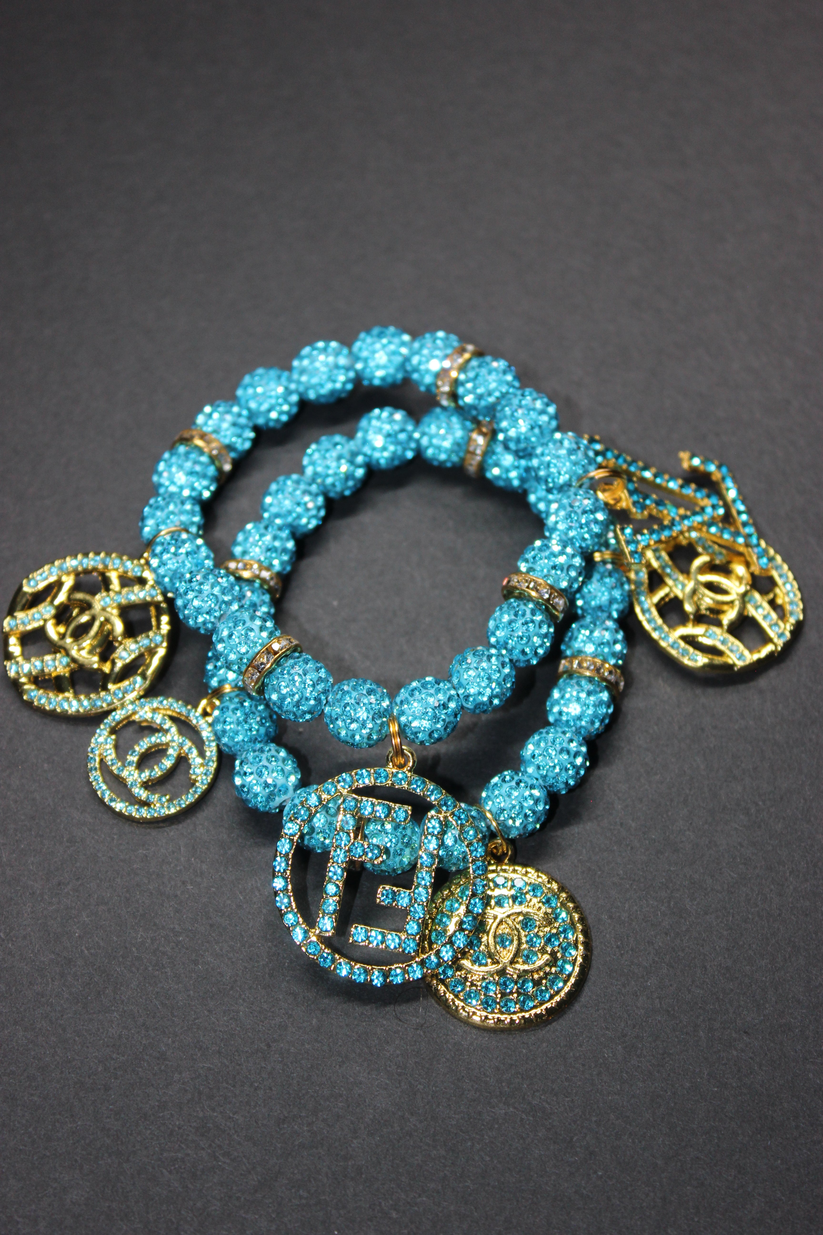 2 Piece Aquamarine & Gold Rhinestone Charm Bracelet Set