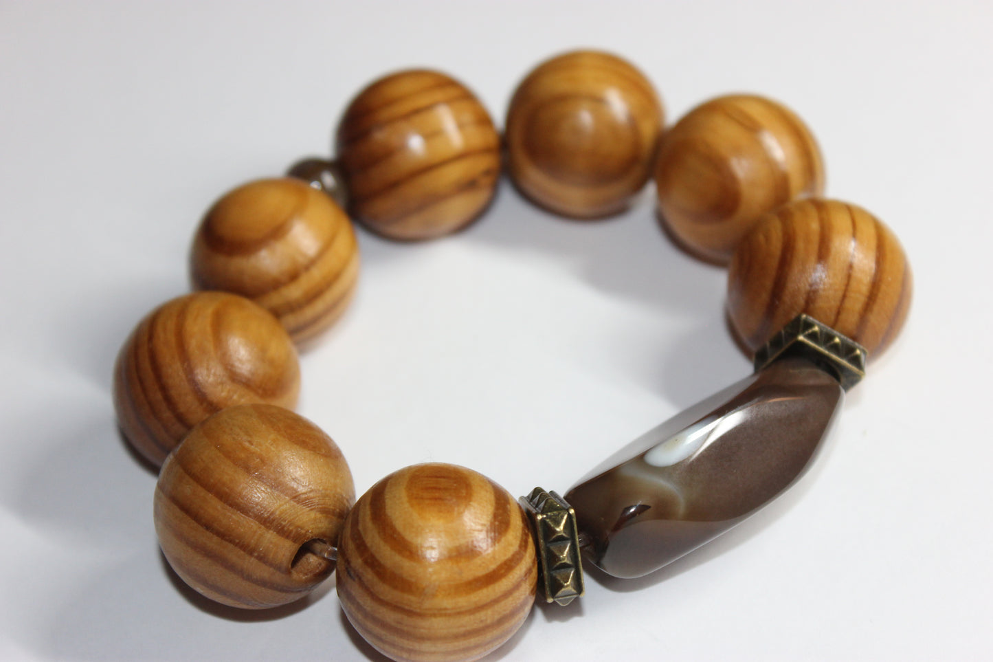 Brown Marble Smooth Stone Large Wood Beaded Bracelet