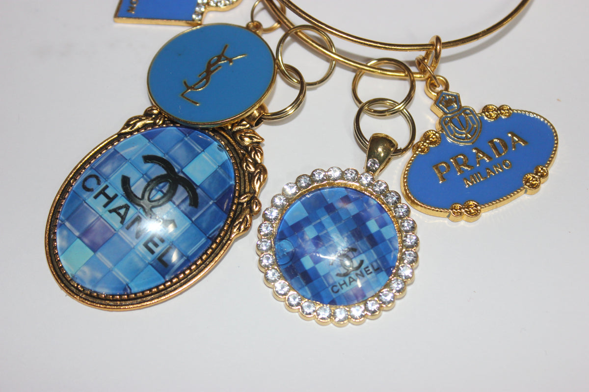 Gold & Blue Charm Bangle Bracelet