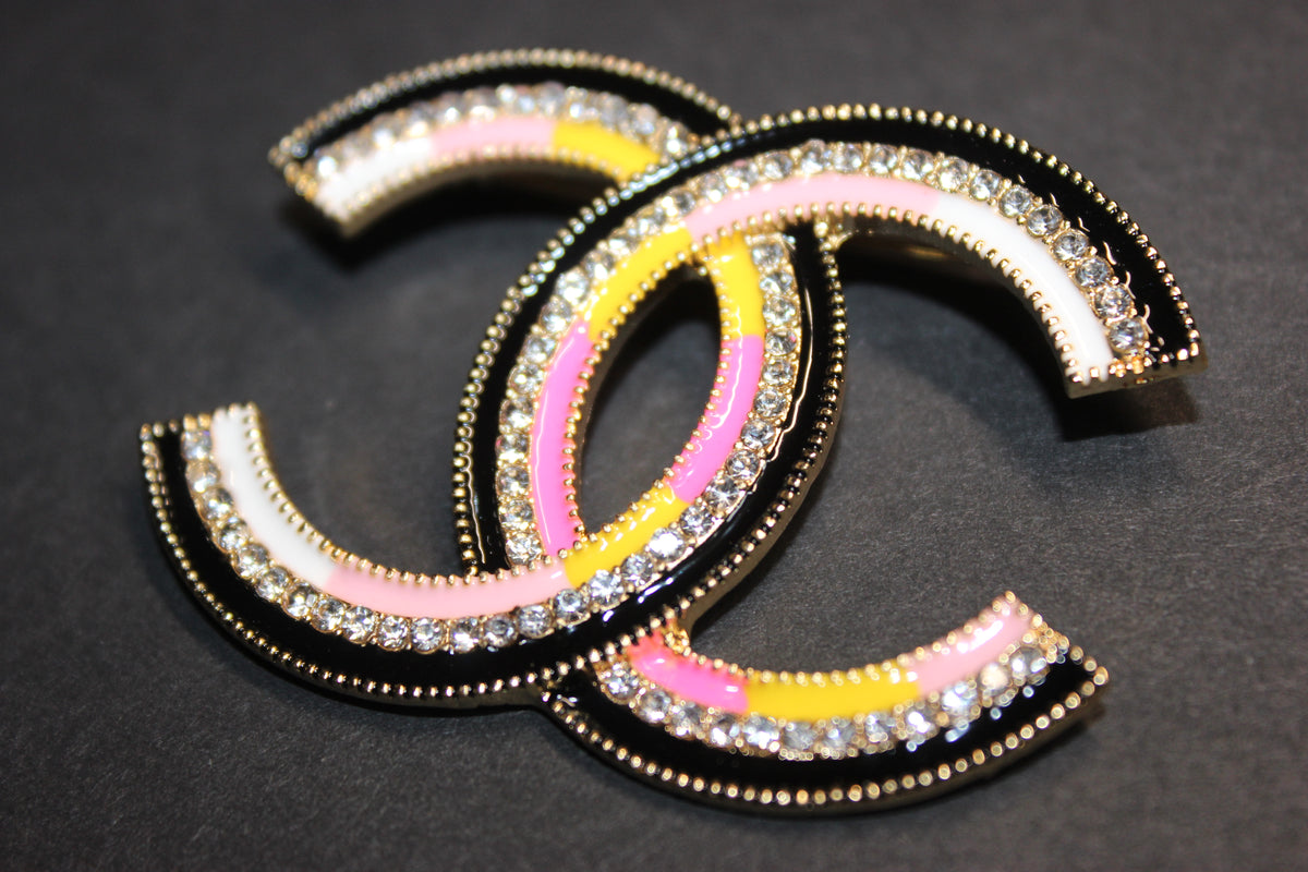 Pink/Yellow/Black/White Brooch Pin w GOLD