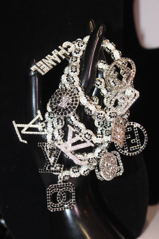 4 Piece Rhinestone Animal Print White/Grey/Black Charm Bracelet Set