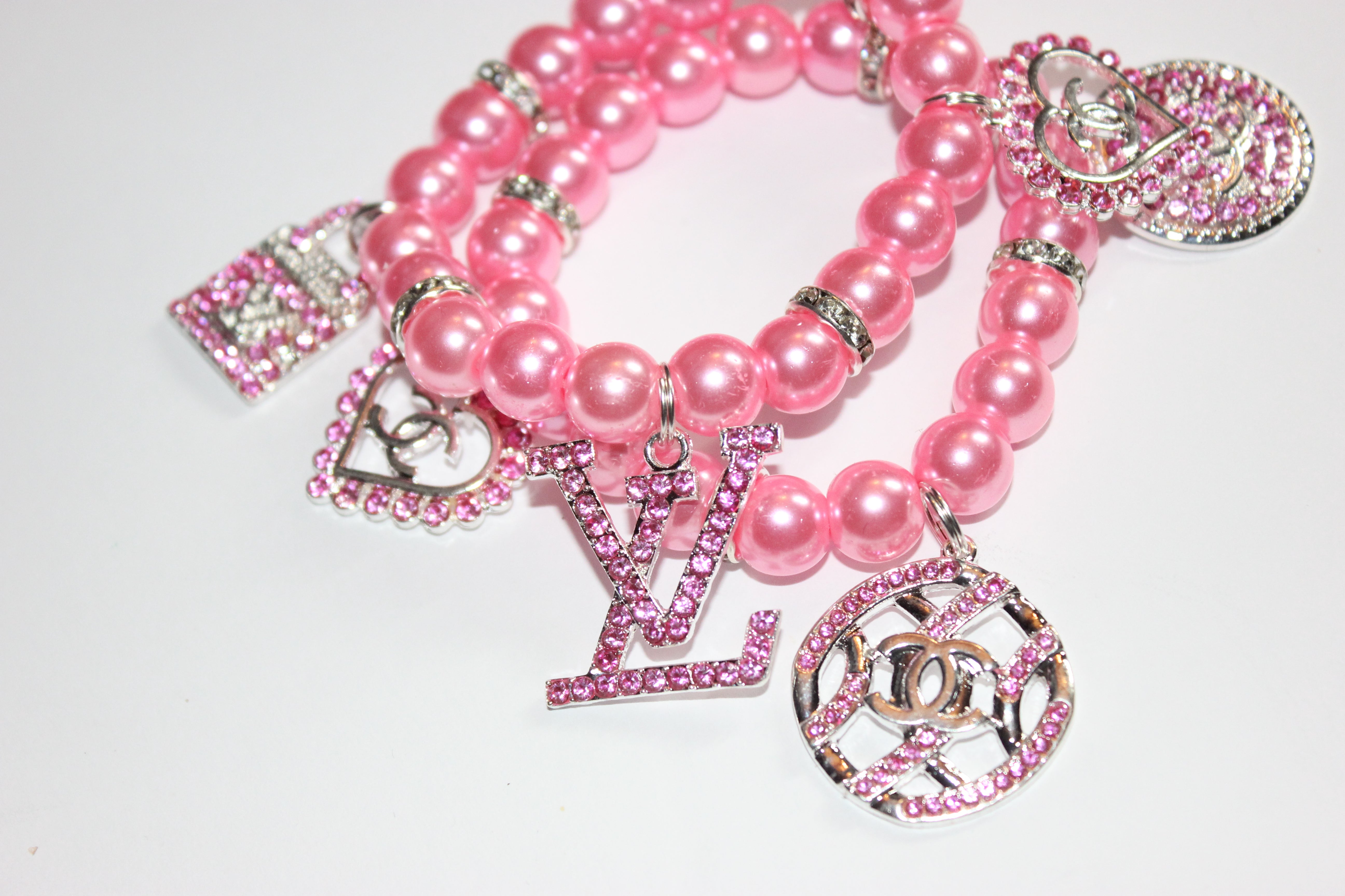 2 Piece Pink & Silver Pearl Charm Bracelet Set w/ Rhinestone Charms