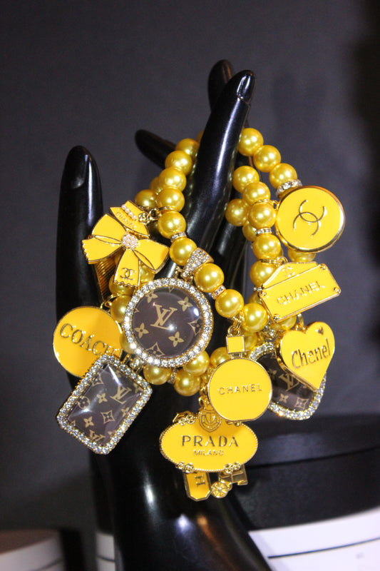 3 Piece Yellow & Gold Pearl Luxury Charm Bracelet Set