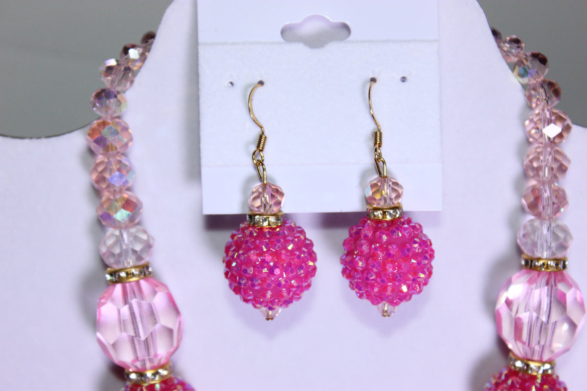 Pink & Gold Rhinestone Charm Necklace & Earrings Set