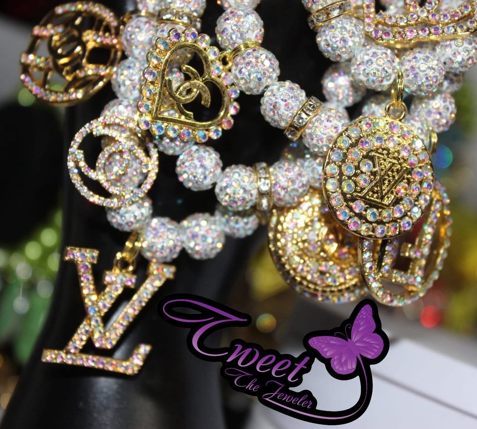 4 Piece Iridescent & White w/Gold Charm Bracelet Set