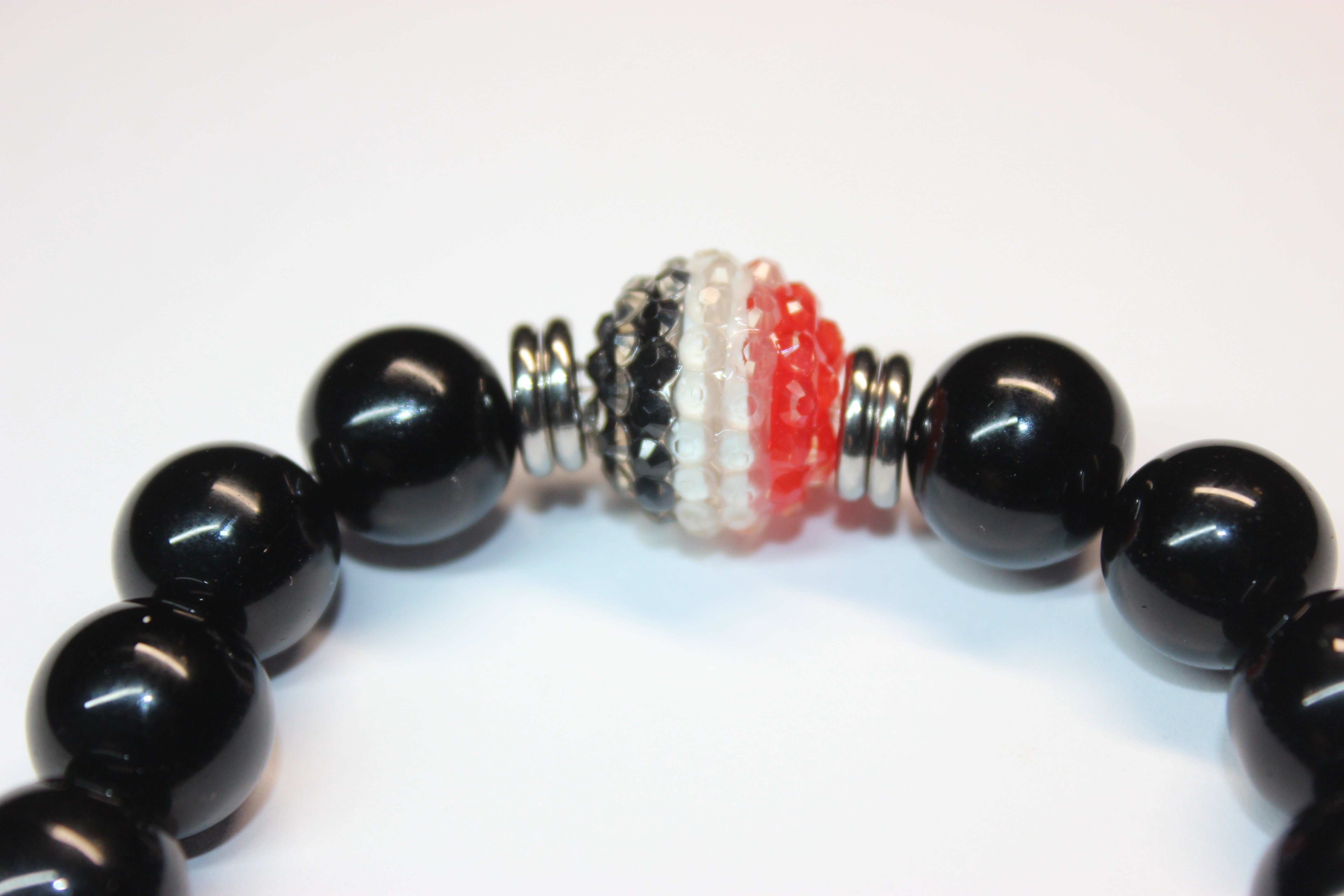 Red Black & White with Silver Mens Beaded Bracelet