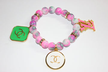 1 Pink Green White w/ Gold Charm Bracelet