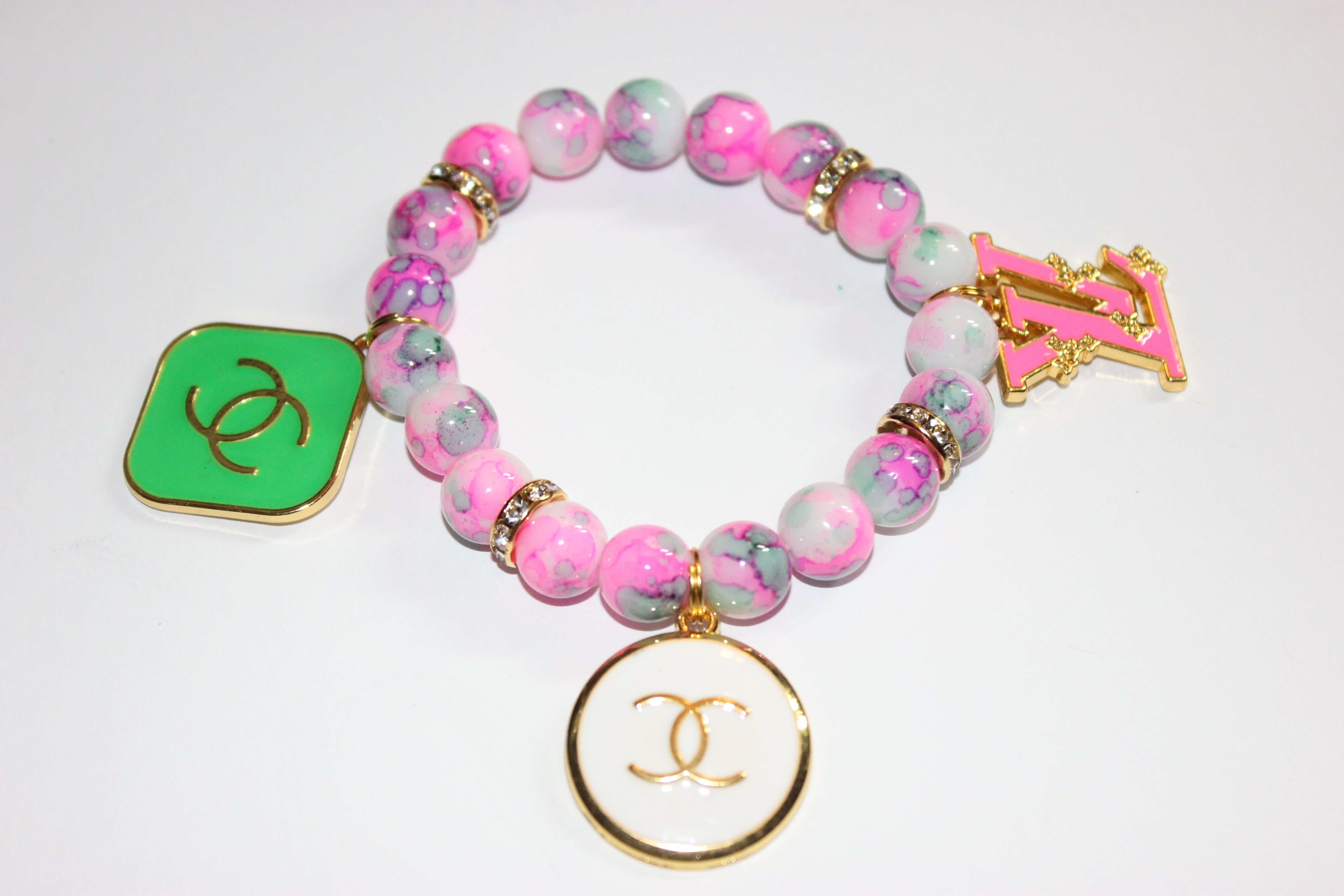 1 Pink Green White w/ Gold Charm Bracelet