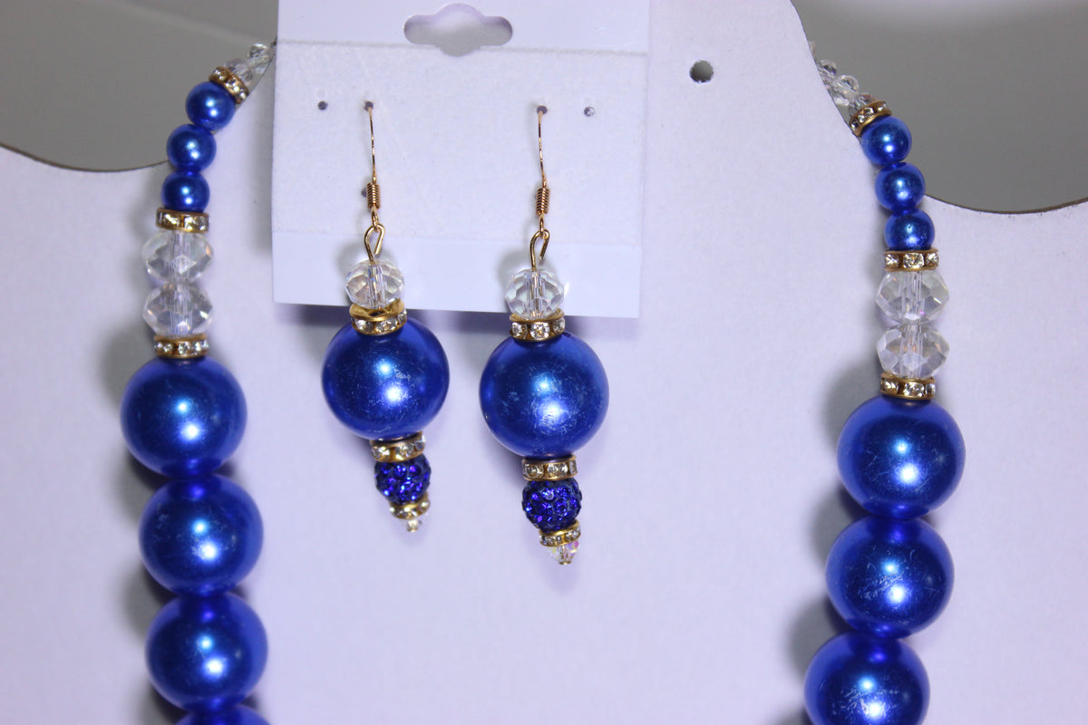 Blue Stonewashed Pearl & Rhinestone Charm Necklace Set with Earrings (GOLD)