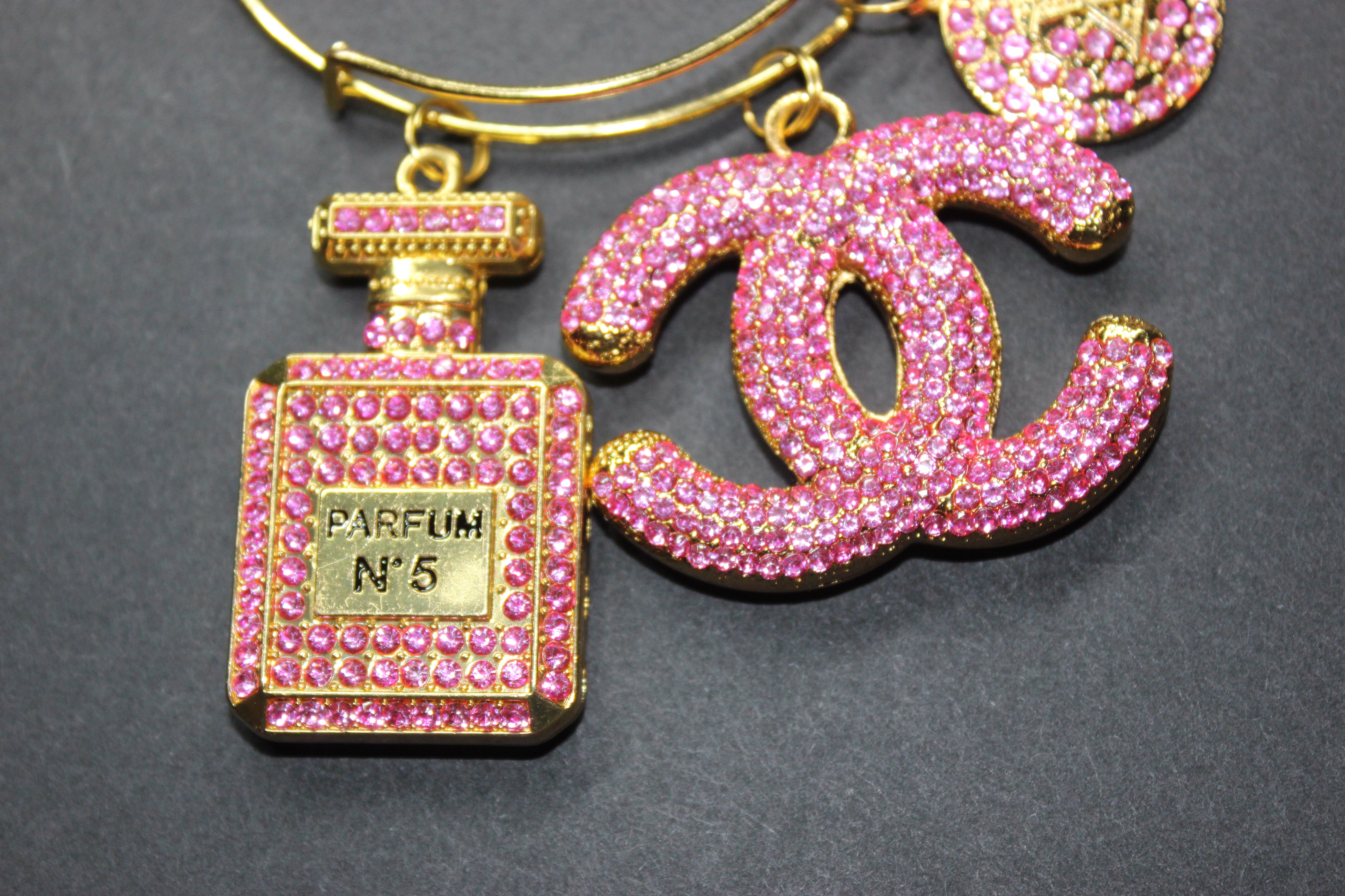 Pink & Gold Rhinestone Charm Bangle Bracelet