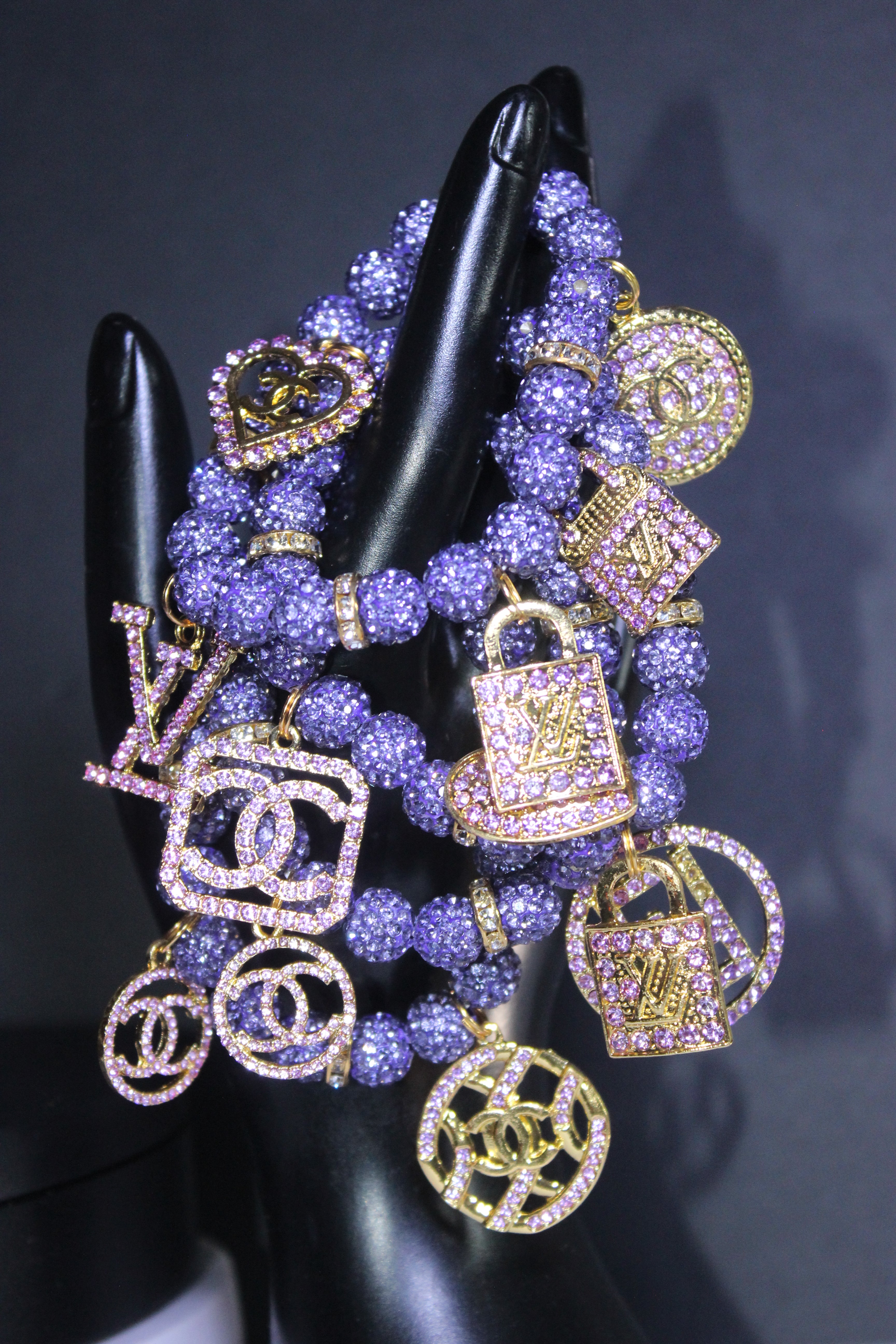 4 Piece Purple & Gold Rhinestone Charm Bracelet Set