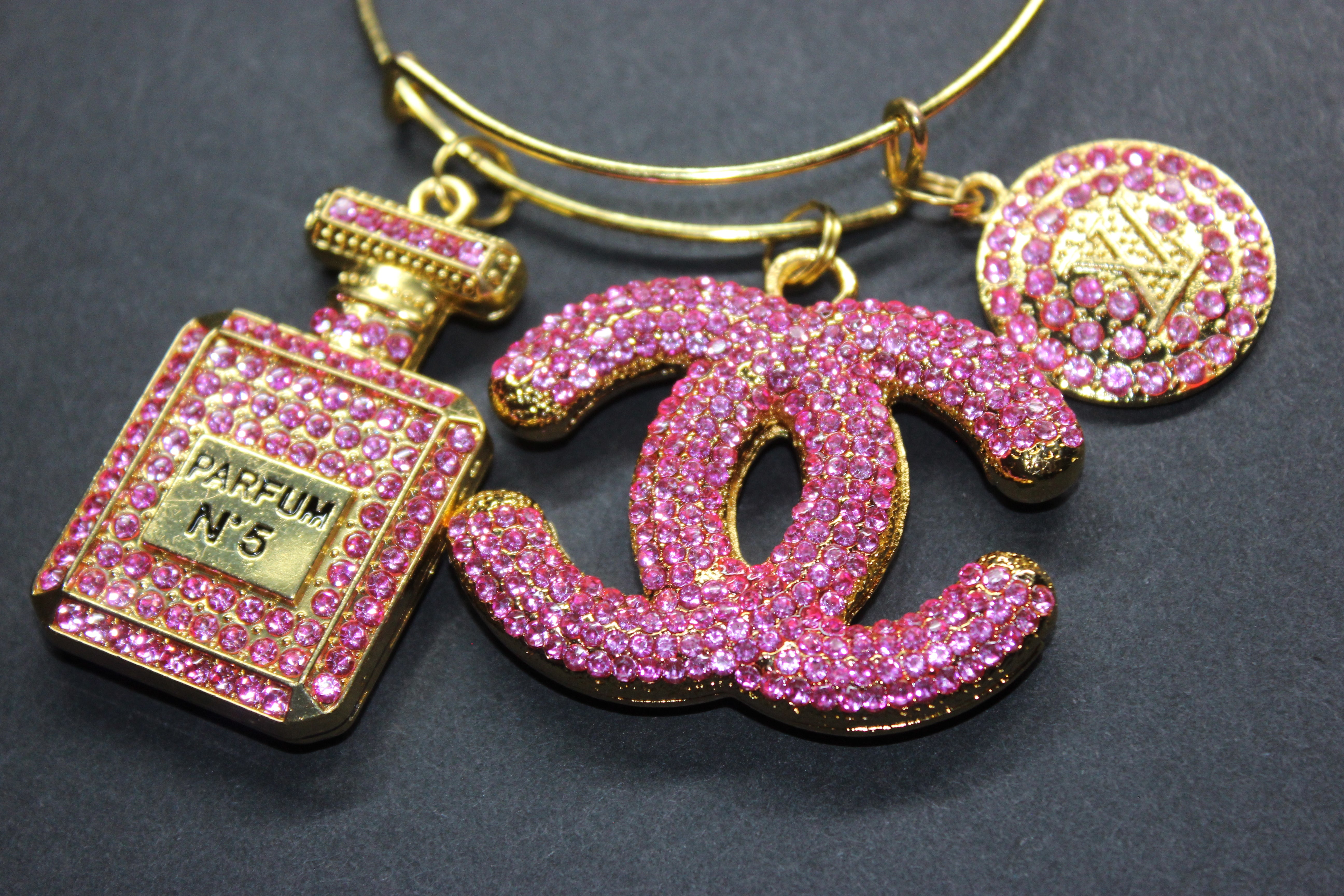 Pink & Gold Rhinestone Charm Bangle Bracelet