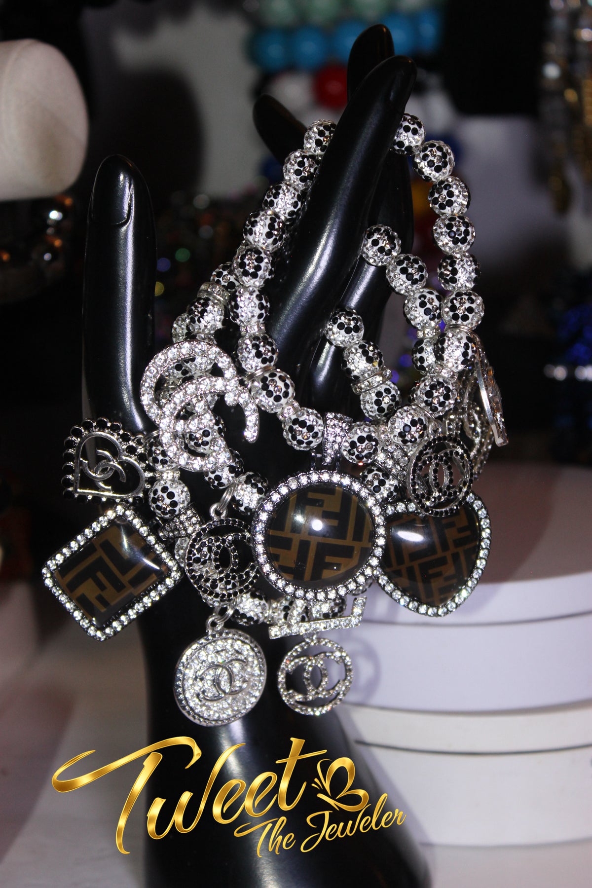 3 Piece Rhinestone Charm Bracelet Set BLACK/WHITE/GREY (Silver)