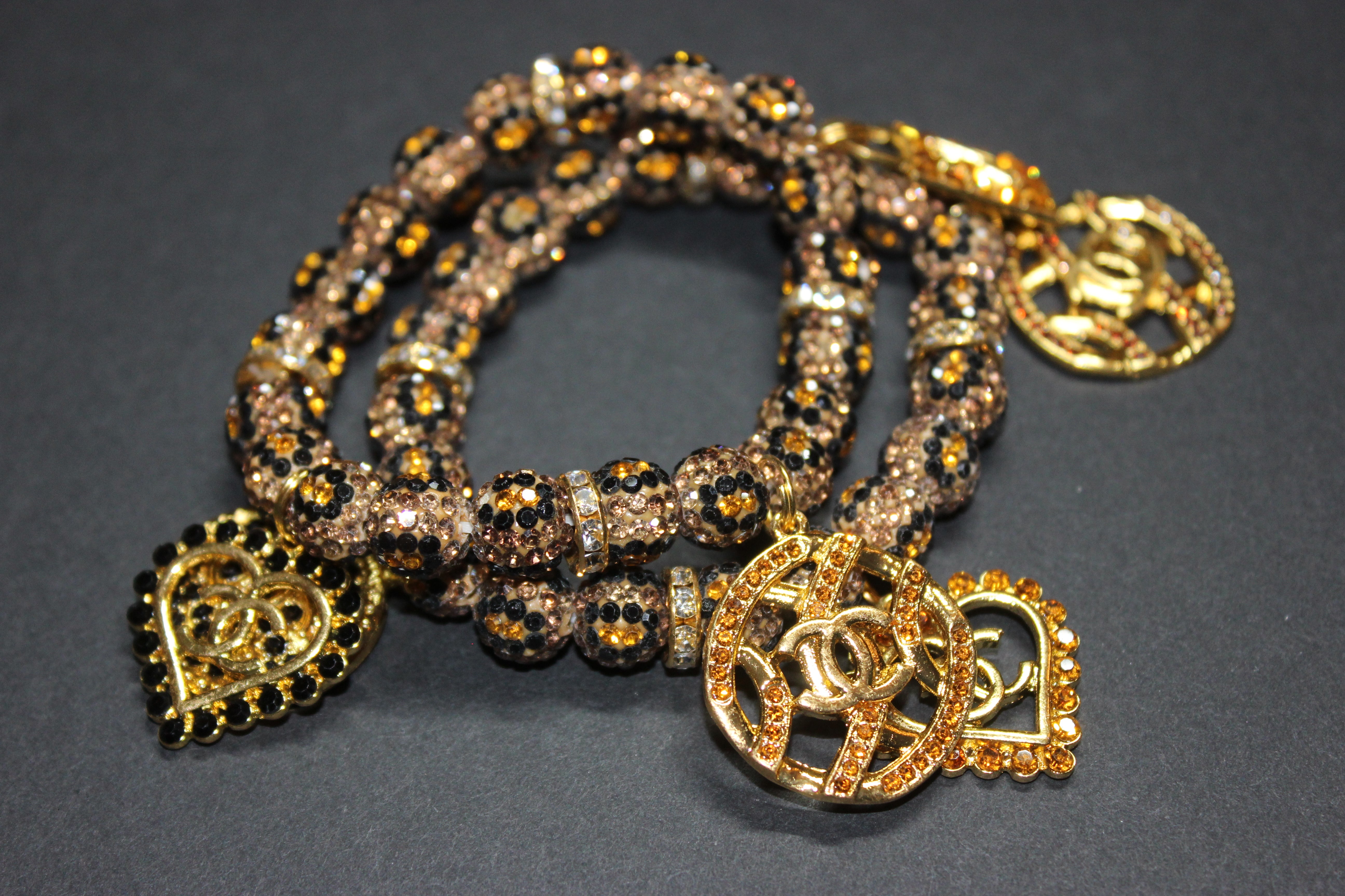 Topaz & Gold Animal Print 2 Piece Rhinestone  Charm Bracelet Set