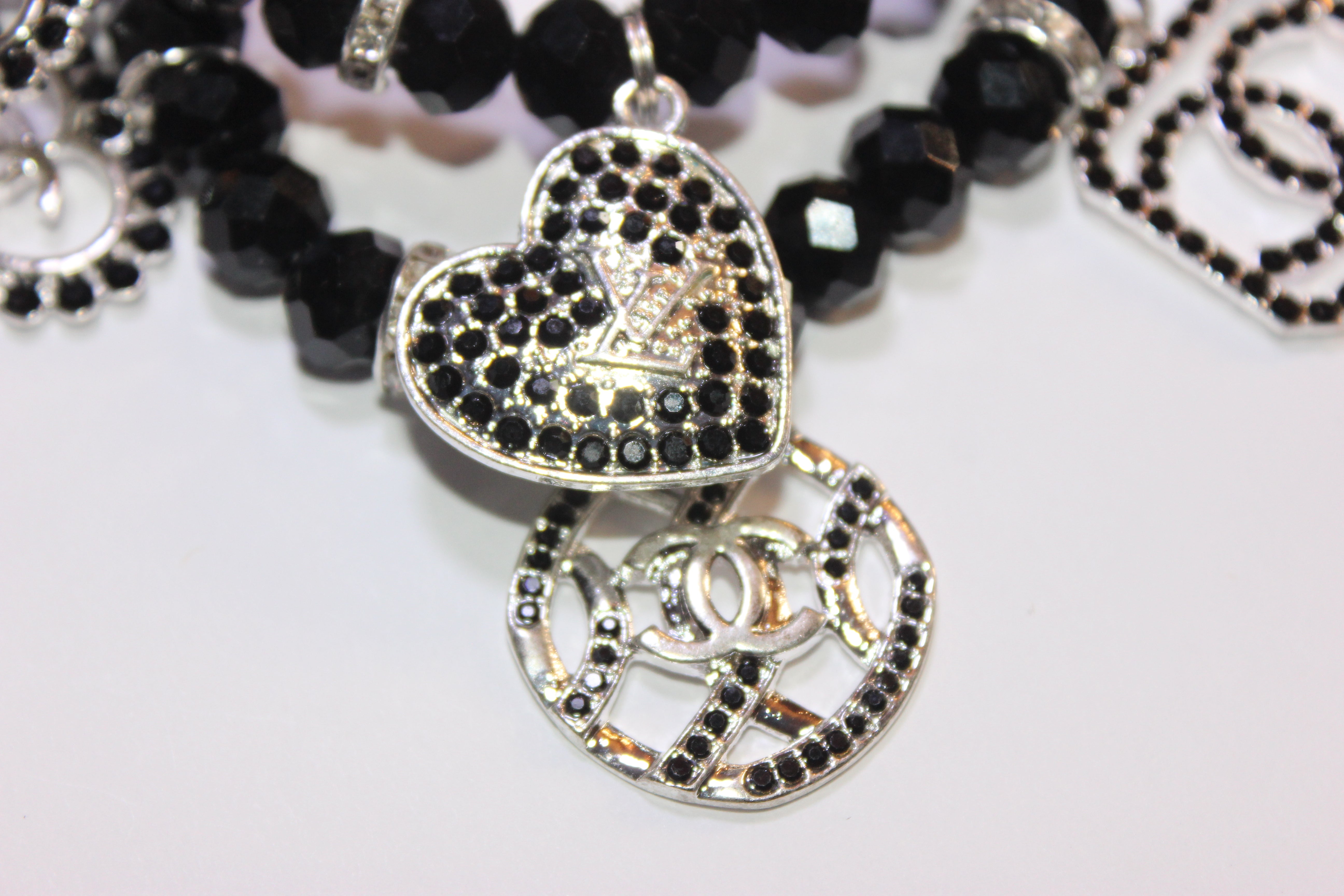 2 Piece Black & Silver Crystal Charm Bracelet Set