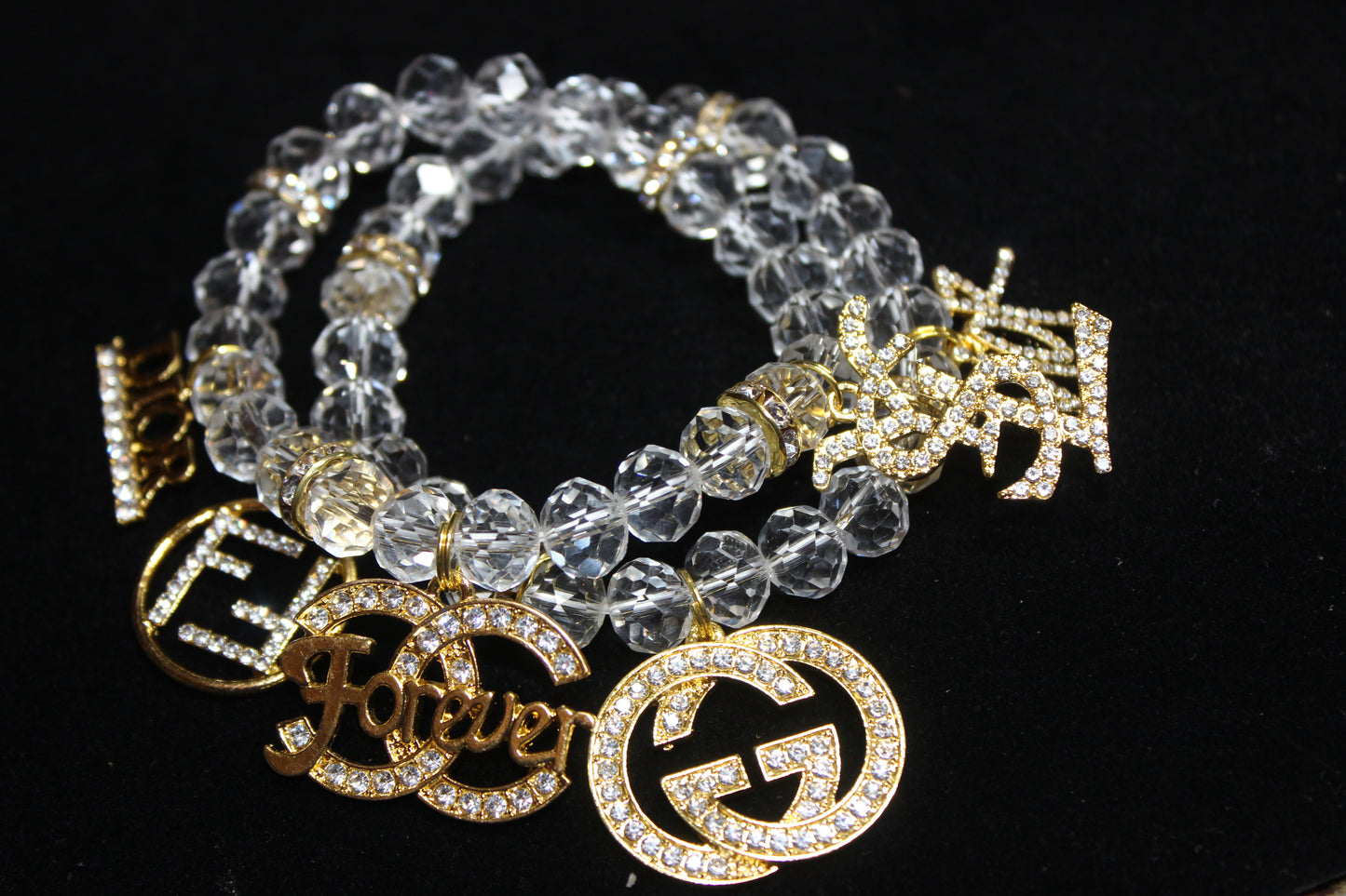 2 Piece Clear & Gold Crystal Charm Bracelet Set