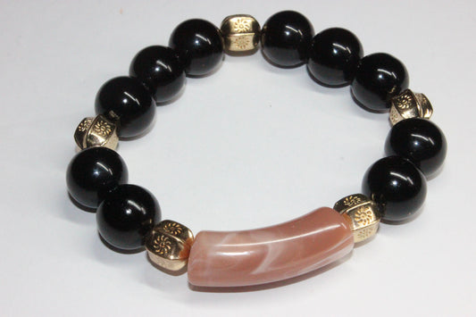 Black & Coral Marble Beaded Bracelet Set In Gold