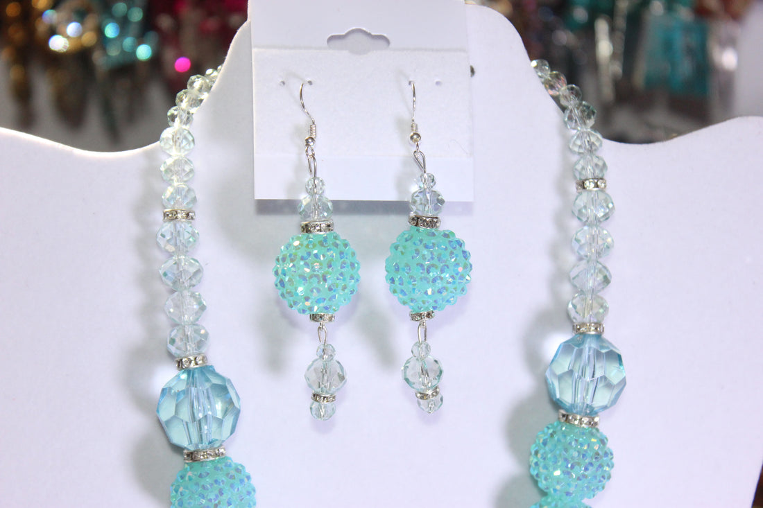 Shades Of Aquamarine & Silver Charm Necklace & Earrings Set