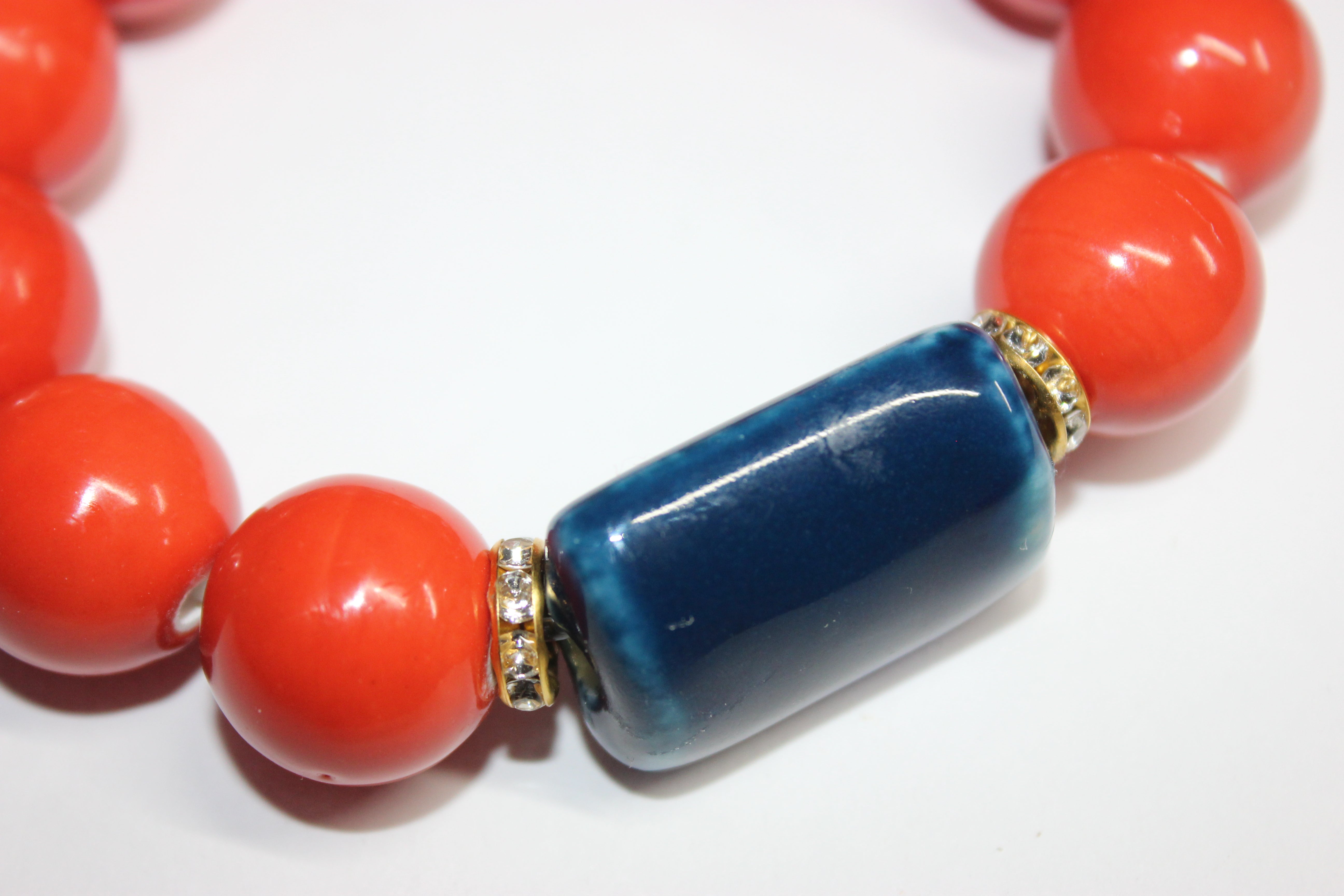 Orange & Blue Ceramic  Glass Gemstone Beaded Bracelet