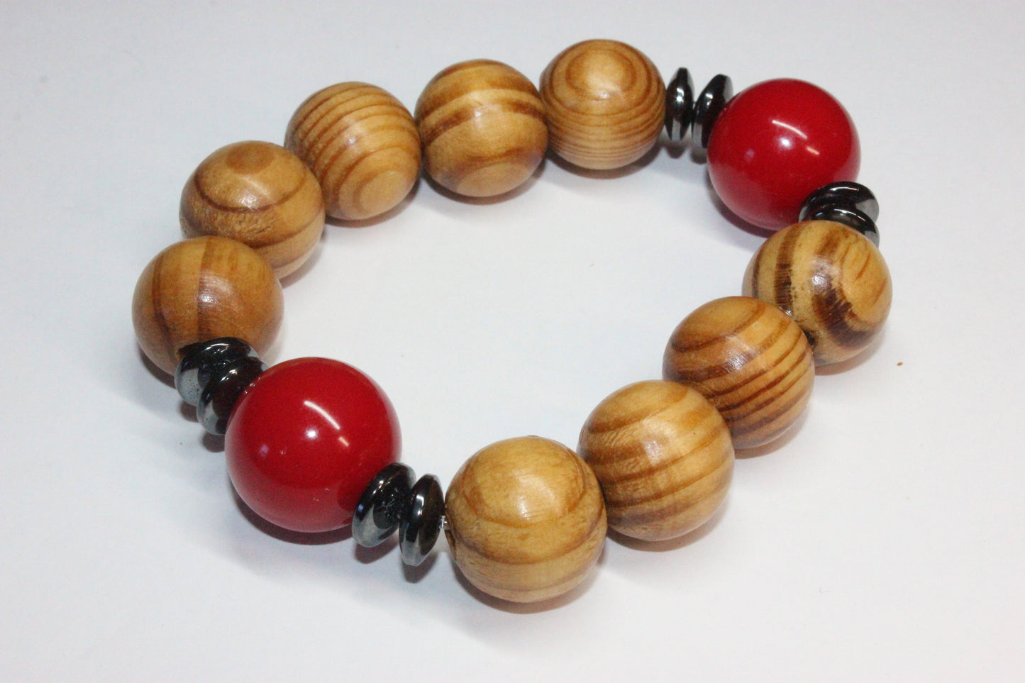 Wooden Beaded Bracelet w/ Red
