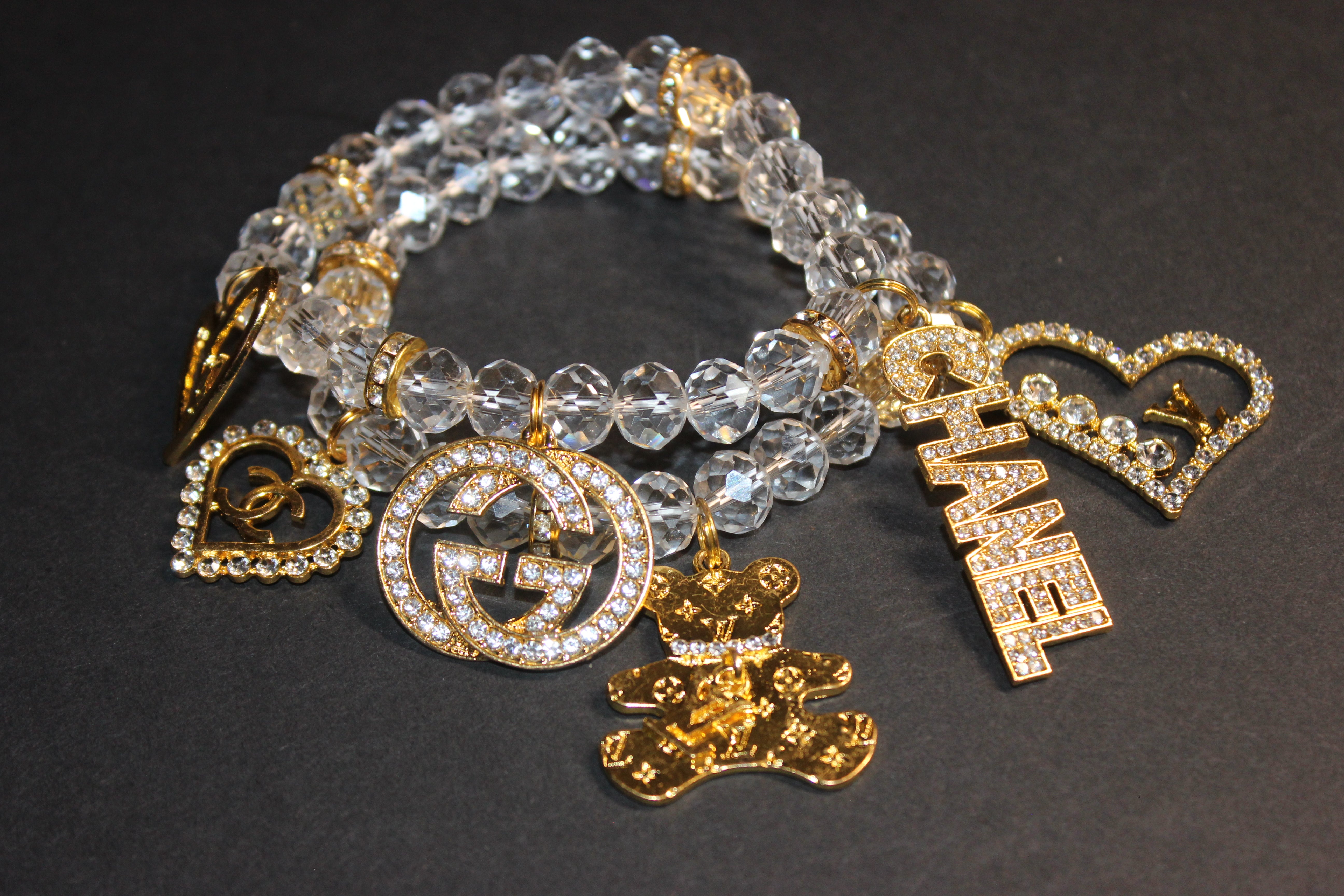 2 Piece Clear Crystal w/ Gold Rhinestone Charms Charm Bracelet Set