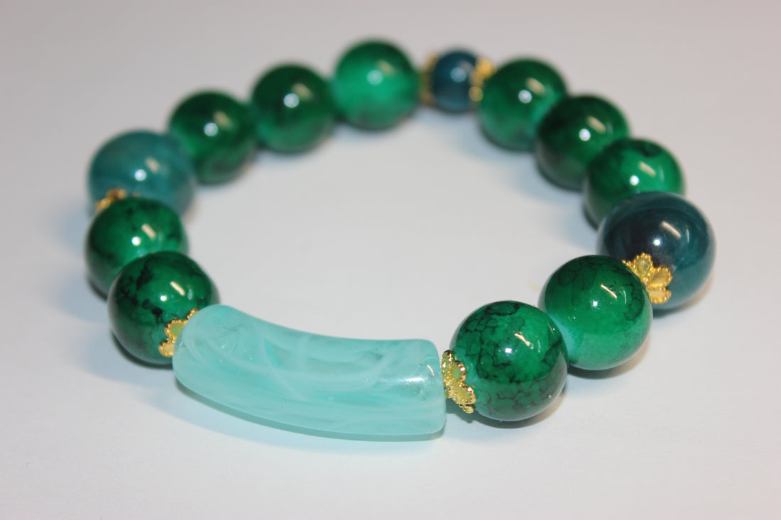 Shades Of Green w/ Aquamarine & Gold BOBCAT Beaded Bracelet