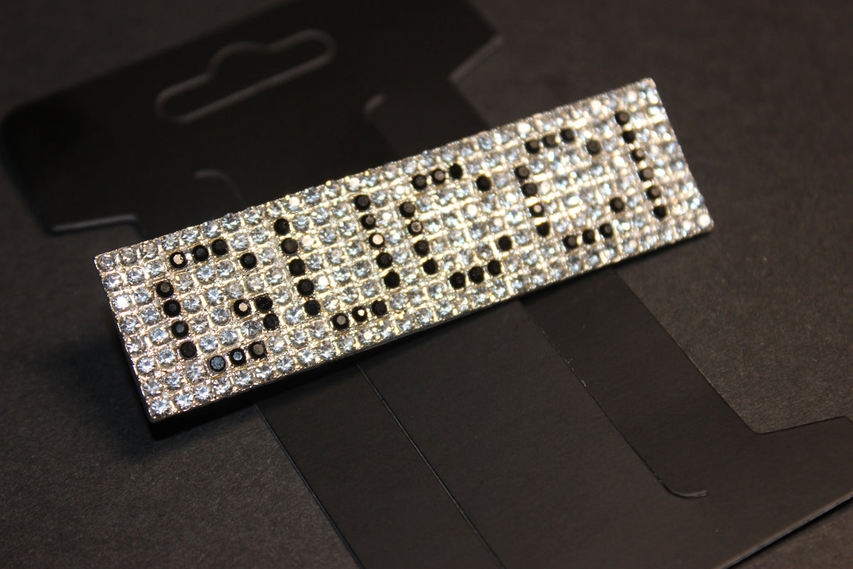 Rhinestone Brooch Pin Silver & Black Rectangle